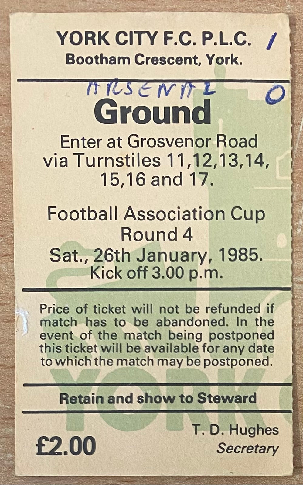 1984/85 ORIGINAL FA CUP 4TH ROUND TICKET YORK CITY V ARSENAL
