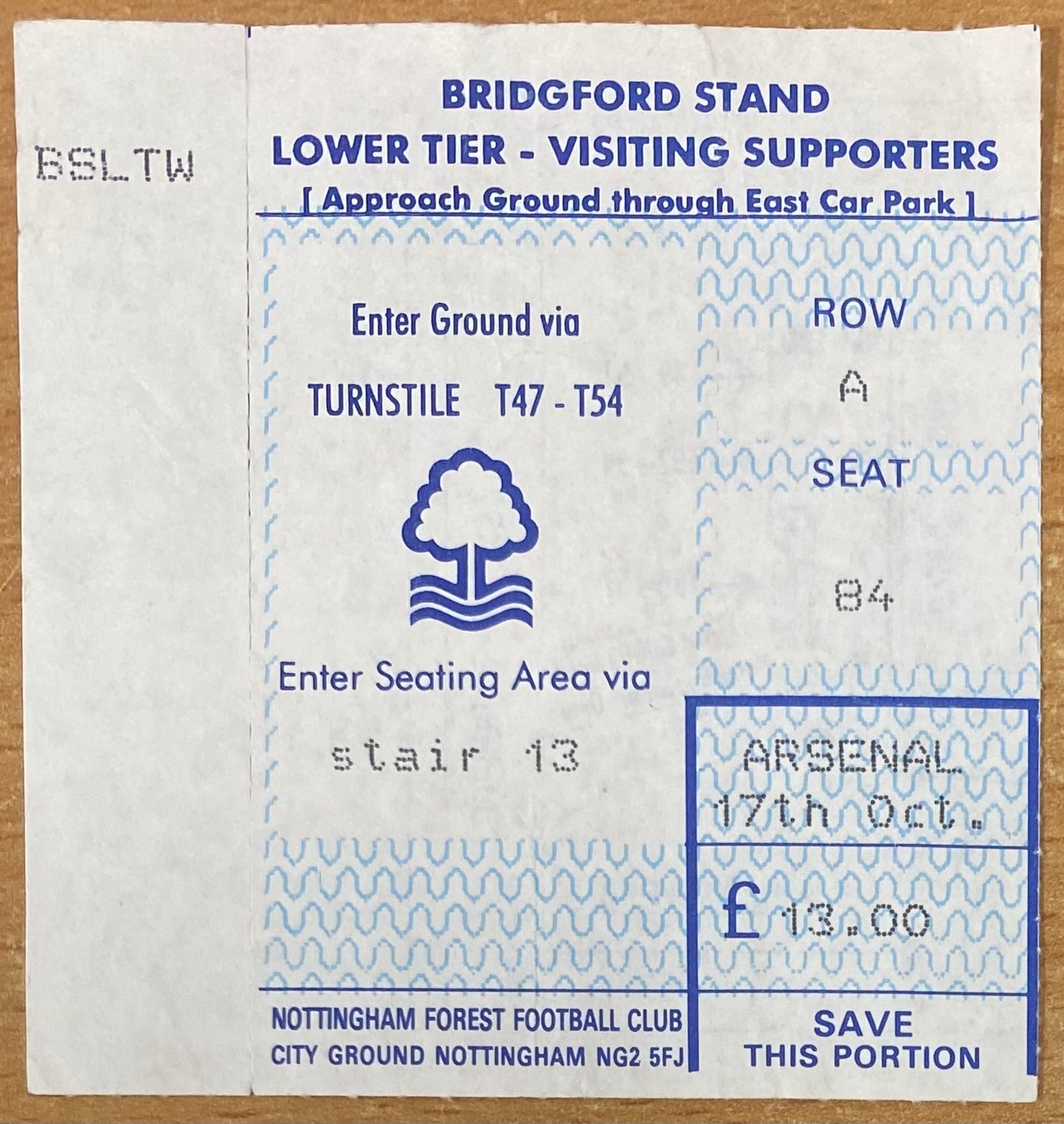 1992/93 ORIGINAL PREMIER LEAGUE TICKET NOTTINGHAM FOREST V ARSENAL