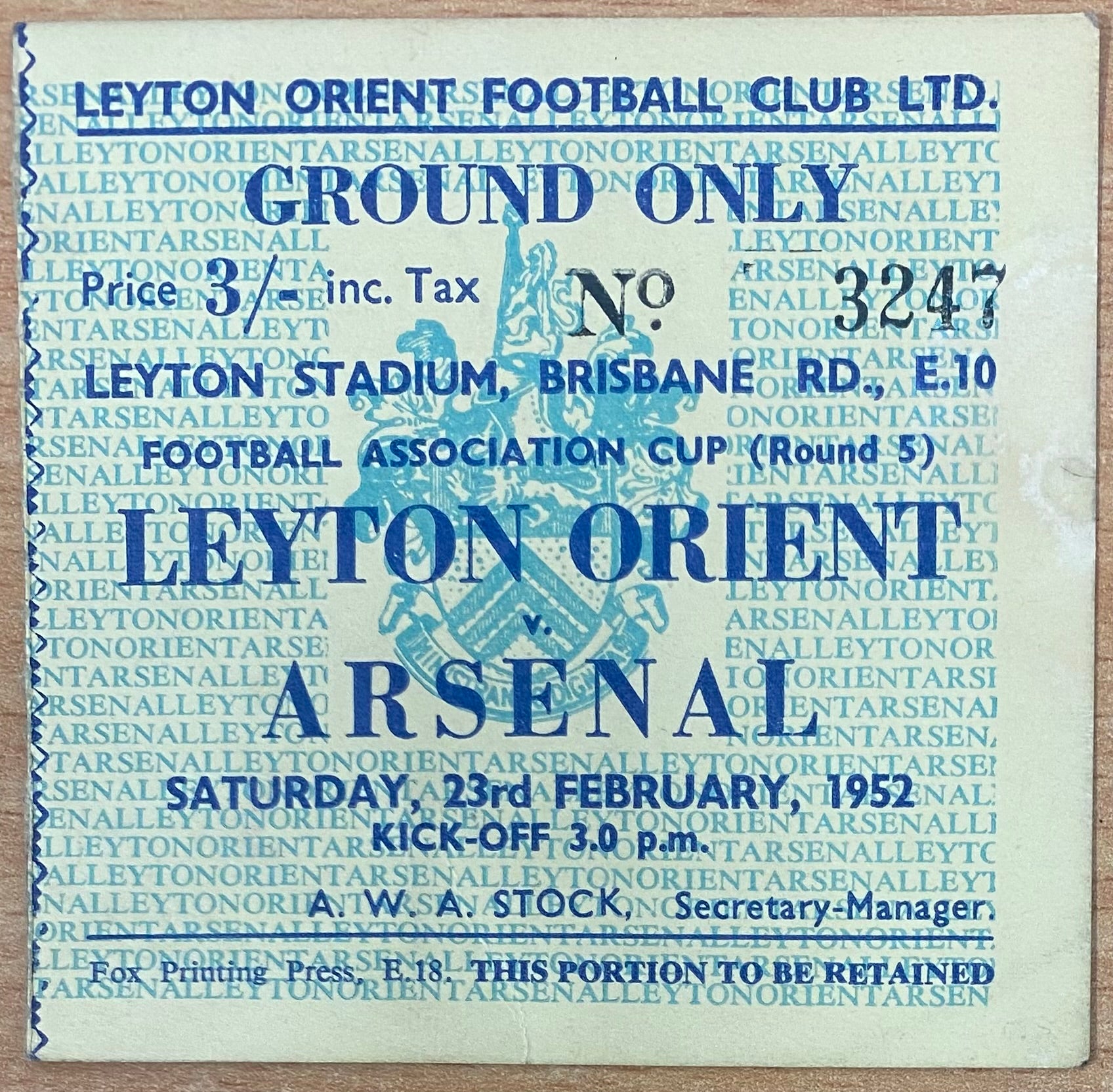 1951/52 ORIGINAL FA CUP 5TH ROUND TICKET LEYTON ORIENT V ARSENAL