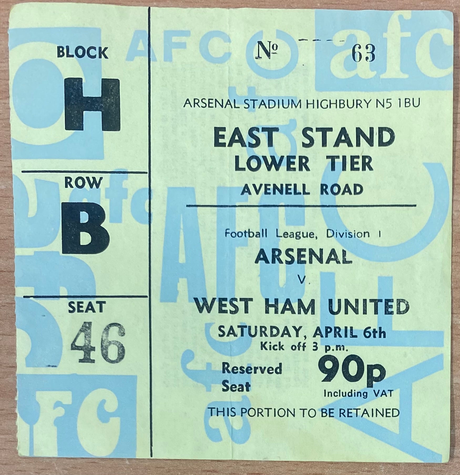 1973/74 ORIGINAL DIVISION ONE TICKET ARSENAL V WEST HAM UNITED
