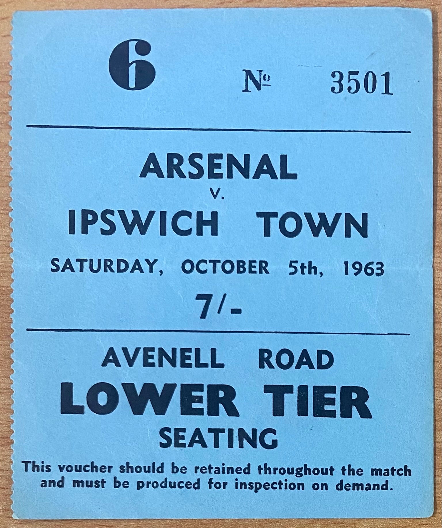 1963/64 ORIGINAL DIVISION ONE TICKET ARSENAL V IPSWICH TOWN
