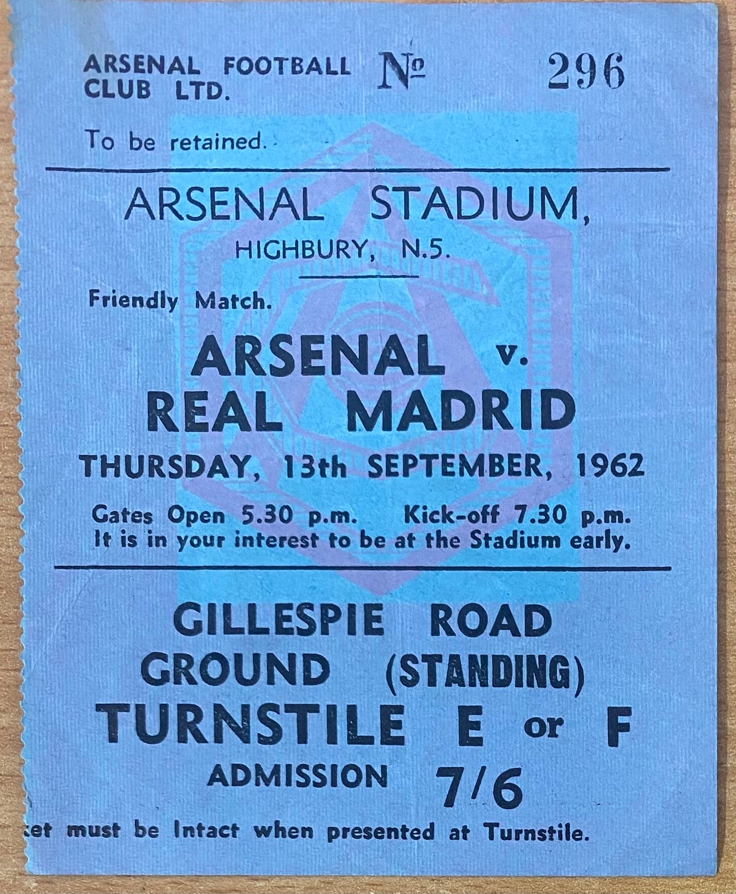 1962/63 ORIGINAL FRIENDLY TICKET ARSENAL V REAL MADRID
