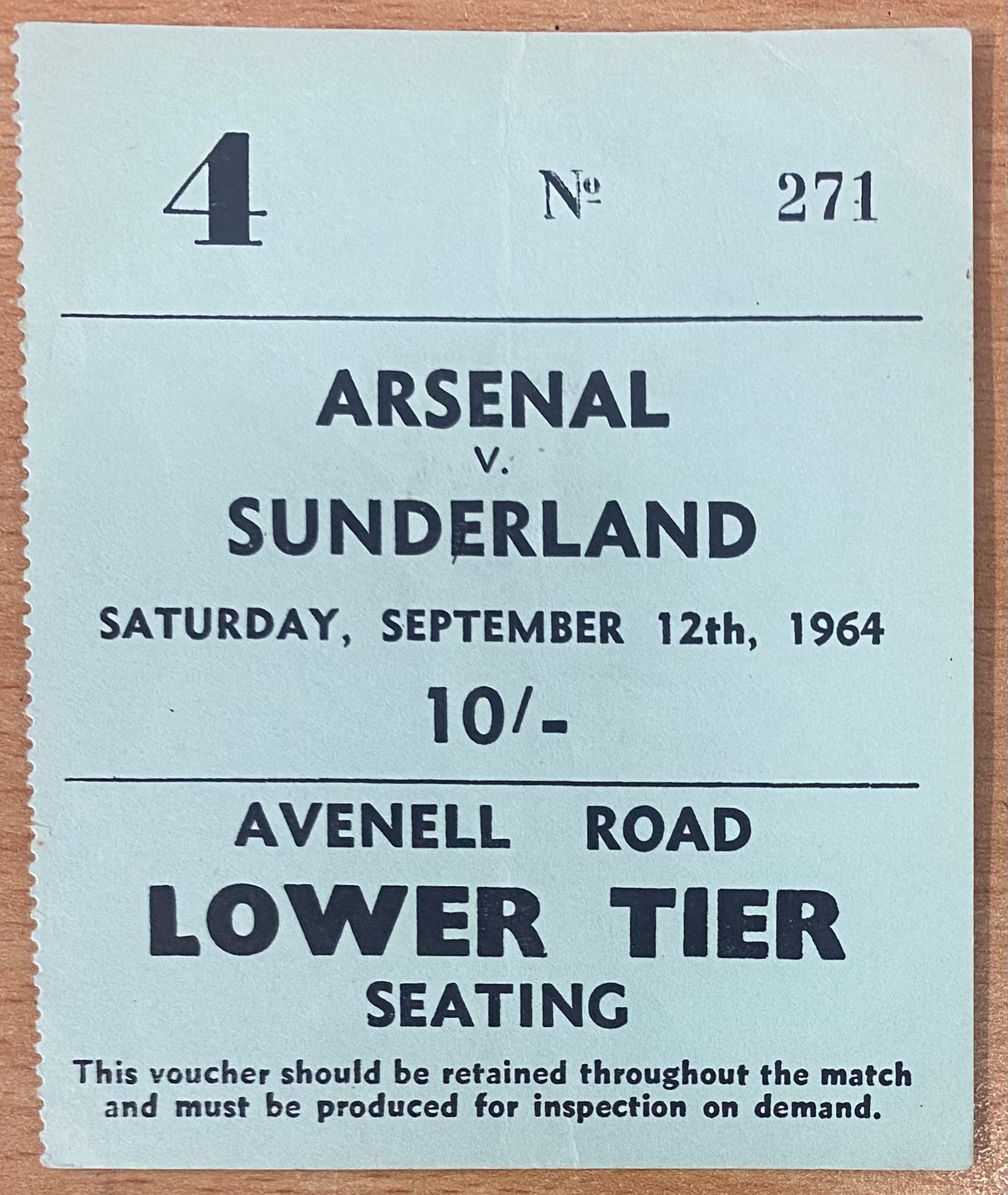 1964/65 ORIGINAL DIVISION ONE TICKET ARSENAL V SUNDERLAND