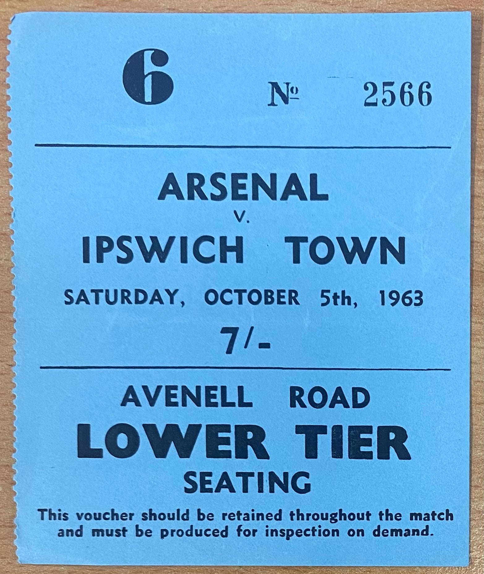 1963/64 ORIGINAL DIVISION ONE TICKET ARSENAL V IPSWICH TOWN
