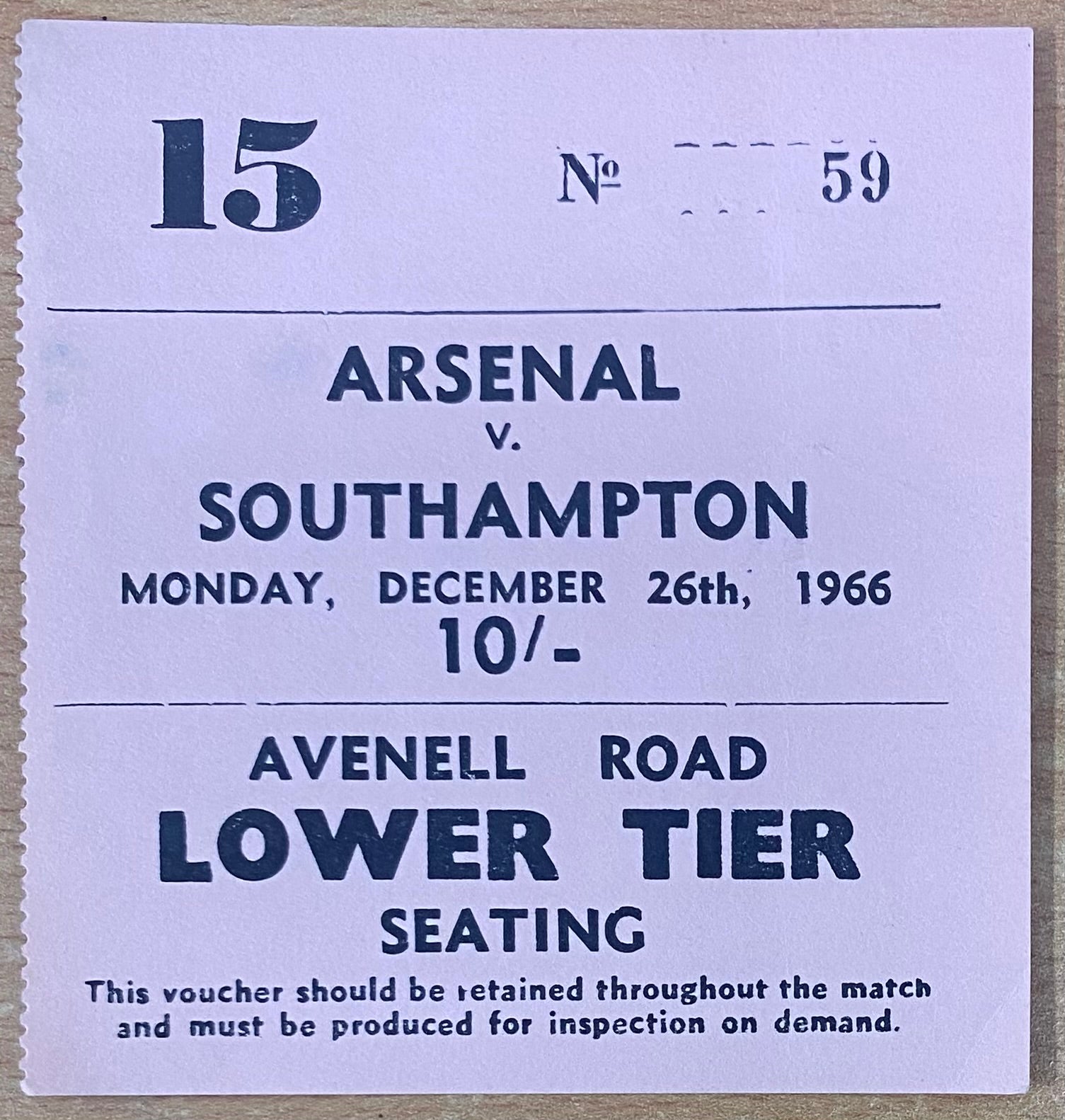 1966/67 ORIGINAL DIVISION ONE TICKET ARSENAL V SOUTHAMPTON