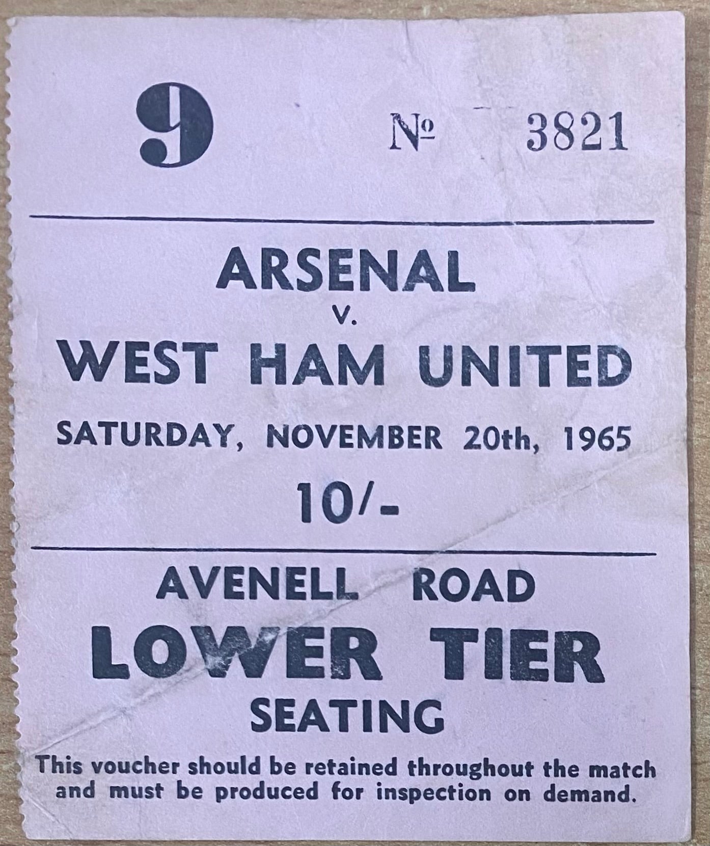 1965/66 ORIGINAL DIVISION ONE TICKET ARSENAL V WEST HAM UNITED