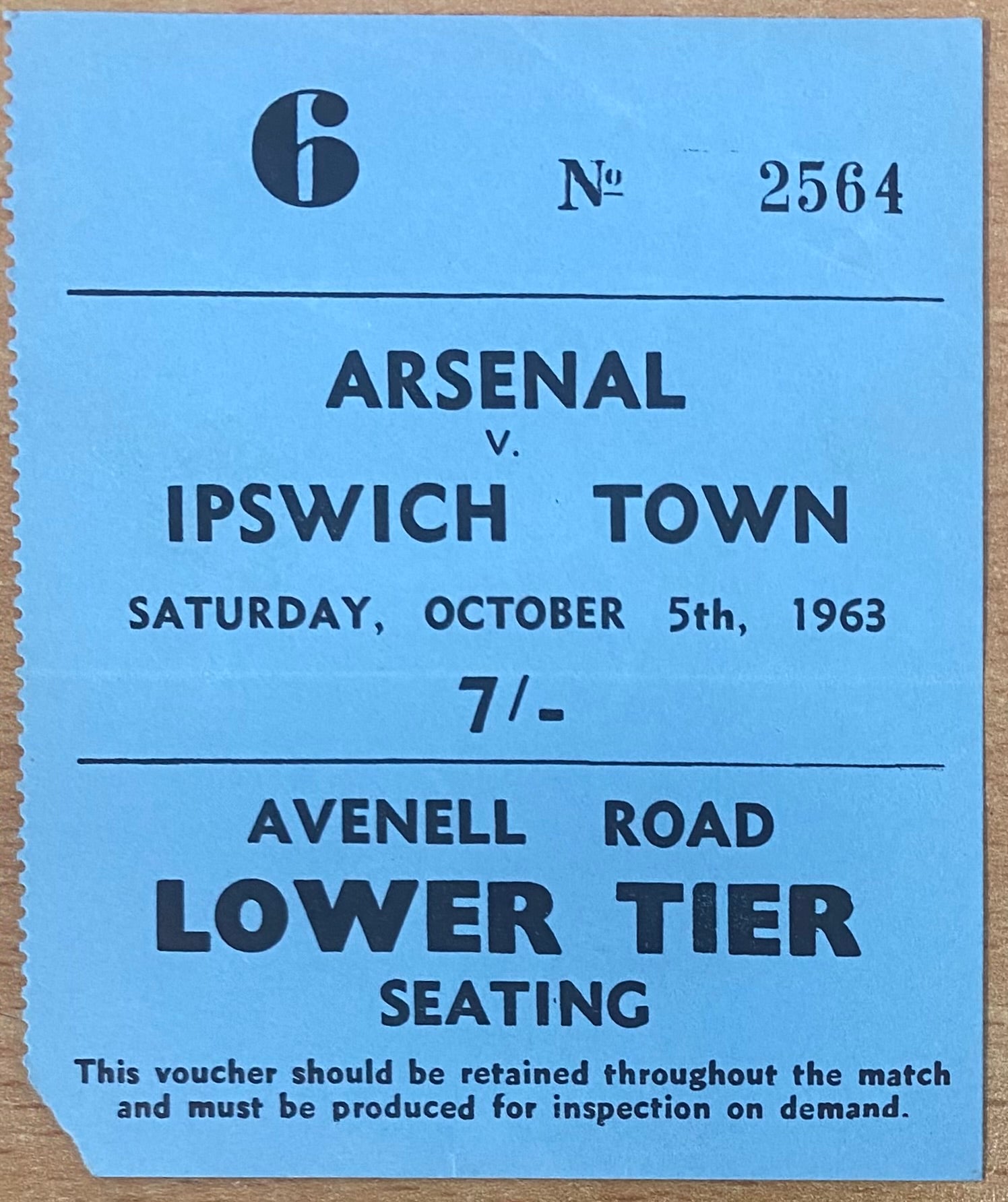 1963/64 ORIGINAL DIVISION ONE TICKET ARSENAL V IPSWICH TOWN