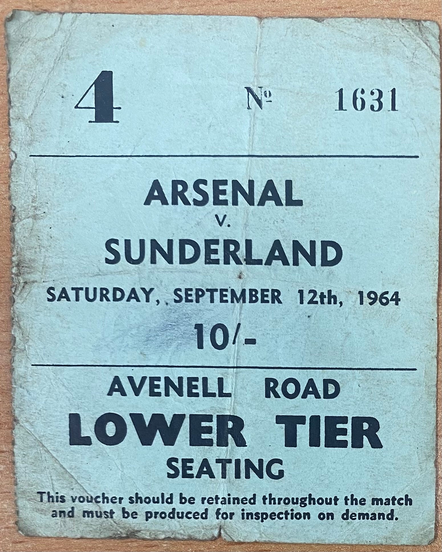 1964/65 ORIGINAL DIVISION ONE TICKET ARSENAL V SUNDERLAND