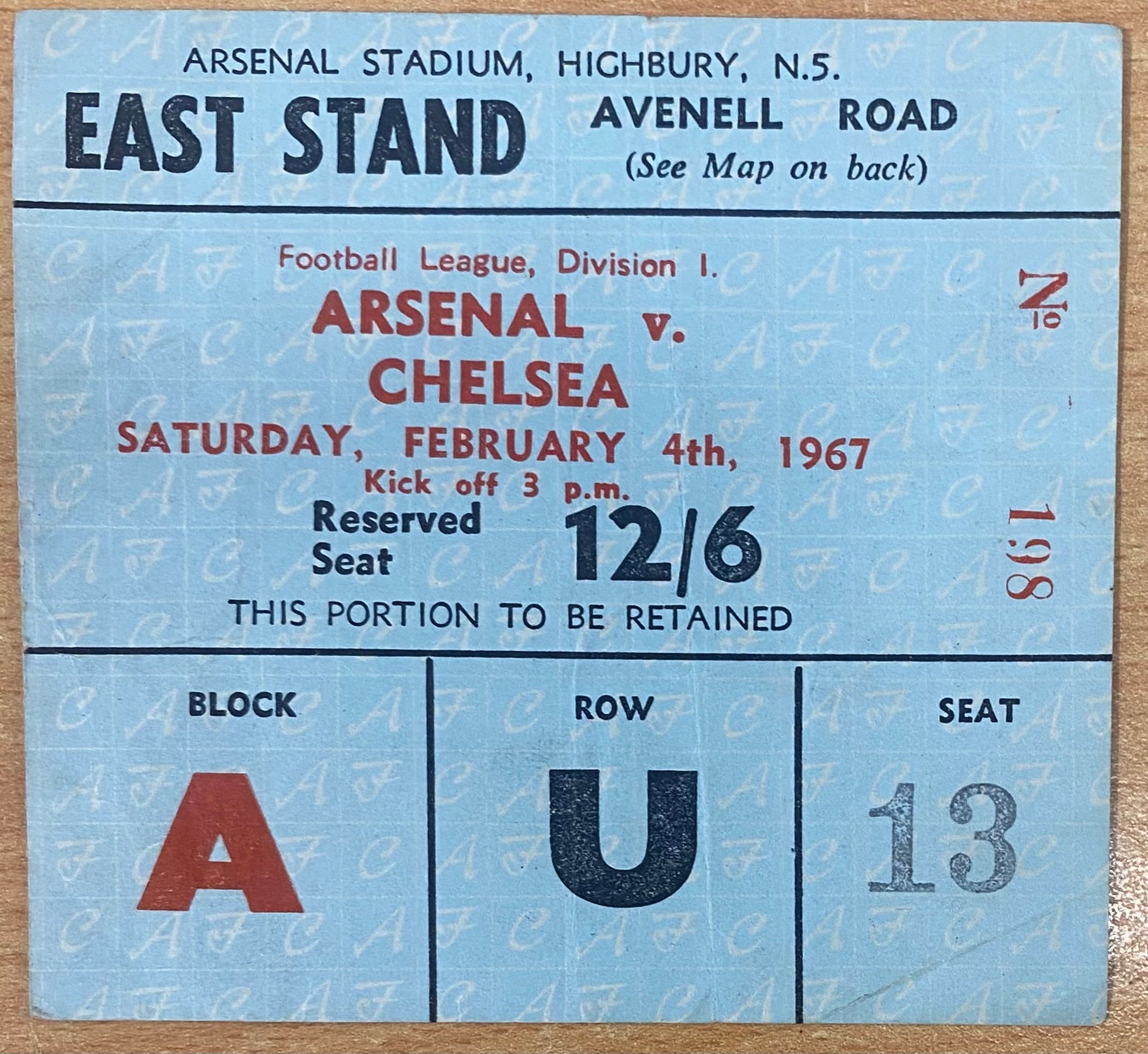 1966/67 ORIGINAL DIVISION ONE TICKET ARSENAL V CHELSEA