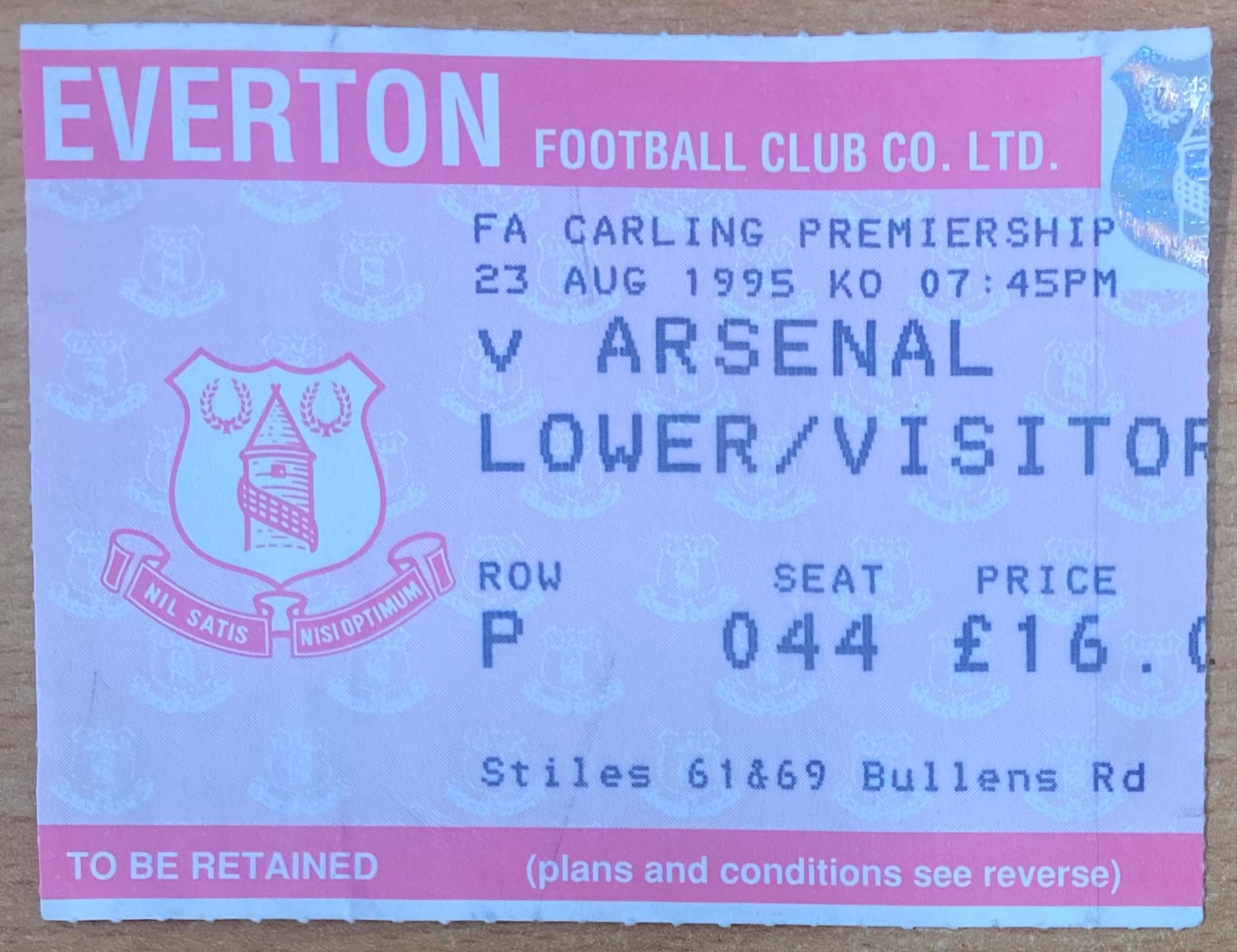 1995/96 ORIGINAL FA PREMIERSHIP TICKET EVERTON V ARSENAL