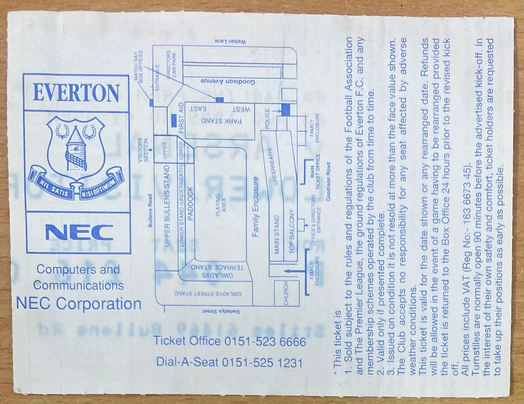 1995/96 ORIGINAL FA PREMIERSHIP TICKET EVERTON V ARSENAL