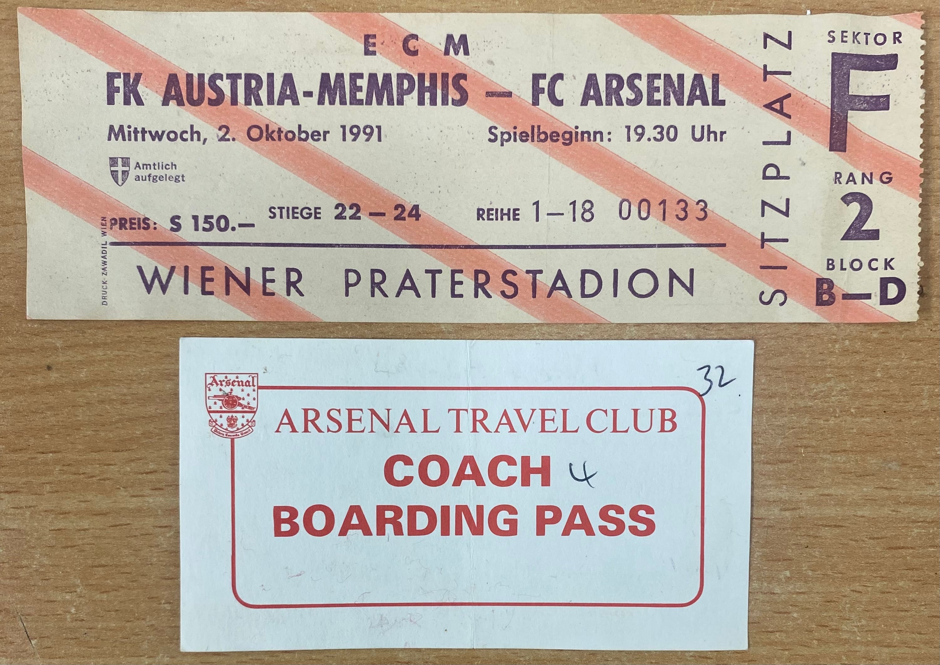 1991/92 ORIGINAL EUROPEAN CUP  1ST ROUND 2ND LEG TICKET ARSENAL V AUSTRIA MEMPHIS