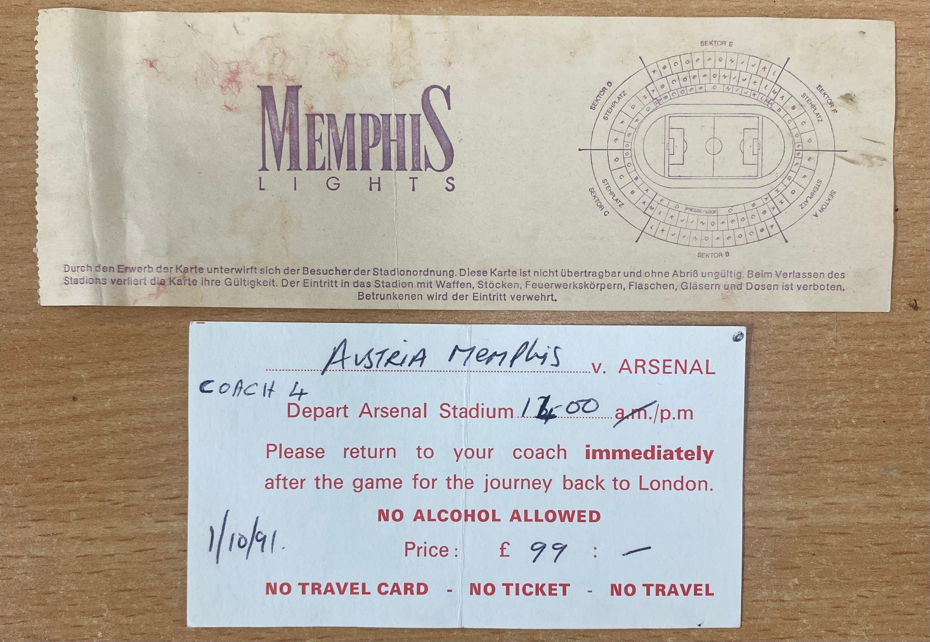1991/92 ORIGINAL EUROPEAN CUP  1ST ROUND 2ND LEG TICKET ARSENAL V AUSTRIA MEMPHIS
