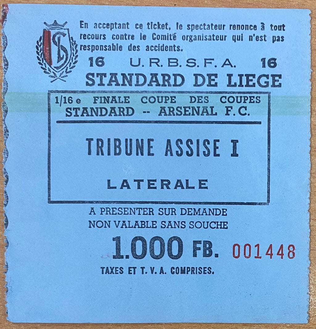 1993/94 ORIGINAL EUROPEAN CUP WINNERS CUP 2ND ROUND 2ND LEG TICKET ARSENAL V STANDARD LIEGE