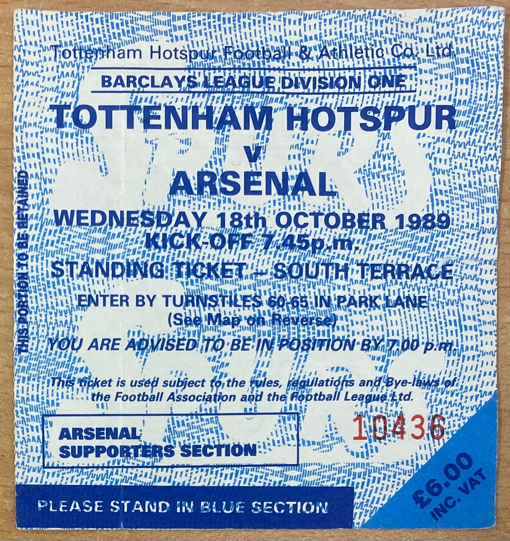 1989/90 ORIGINAL DIVISION ONE TICKET TOTTENHAM HOTSPUR V ARSENAL