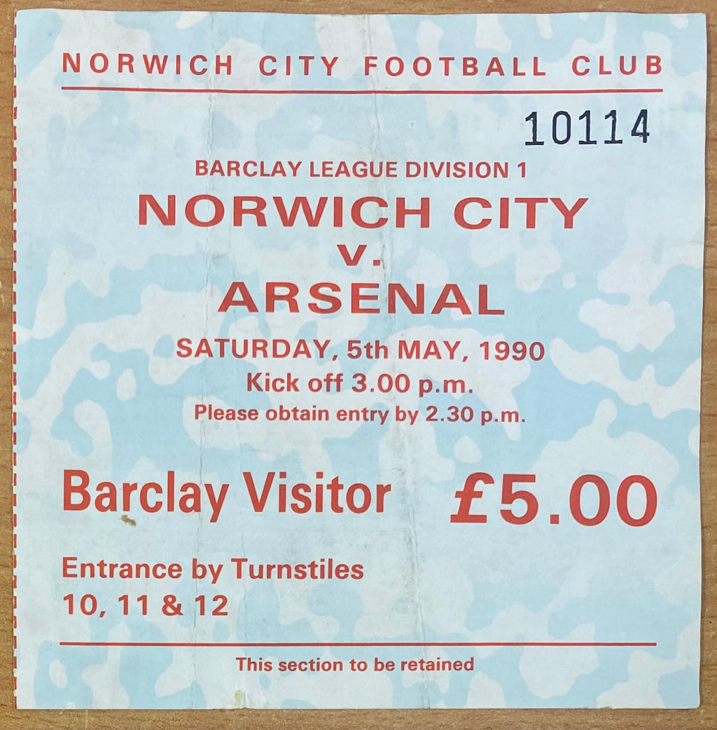 1989/90 ORIGINAL DIVISION ONE TICKET NORWICH CITY V ARSENAL