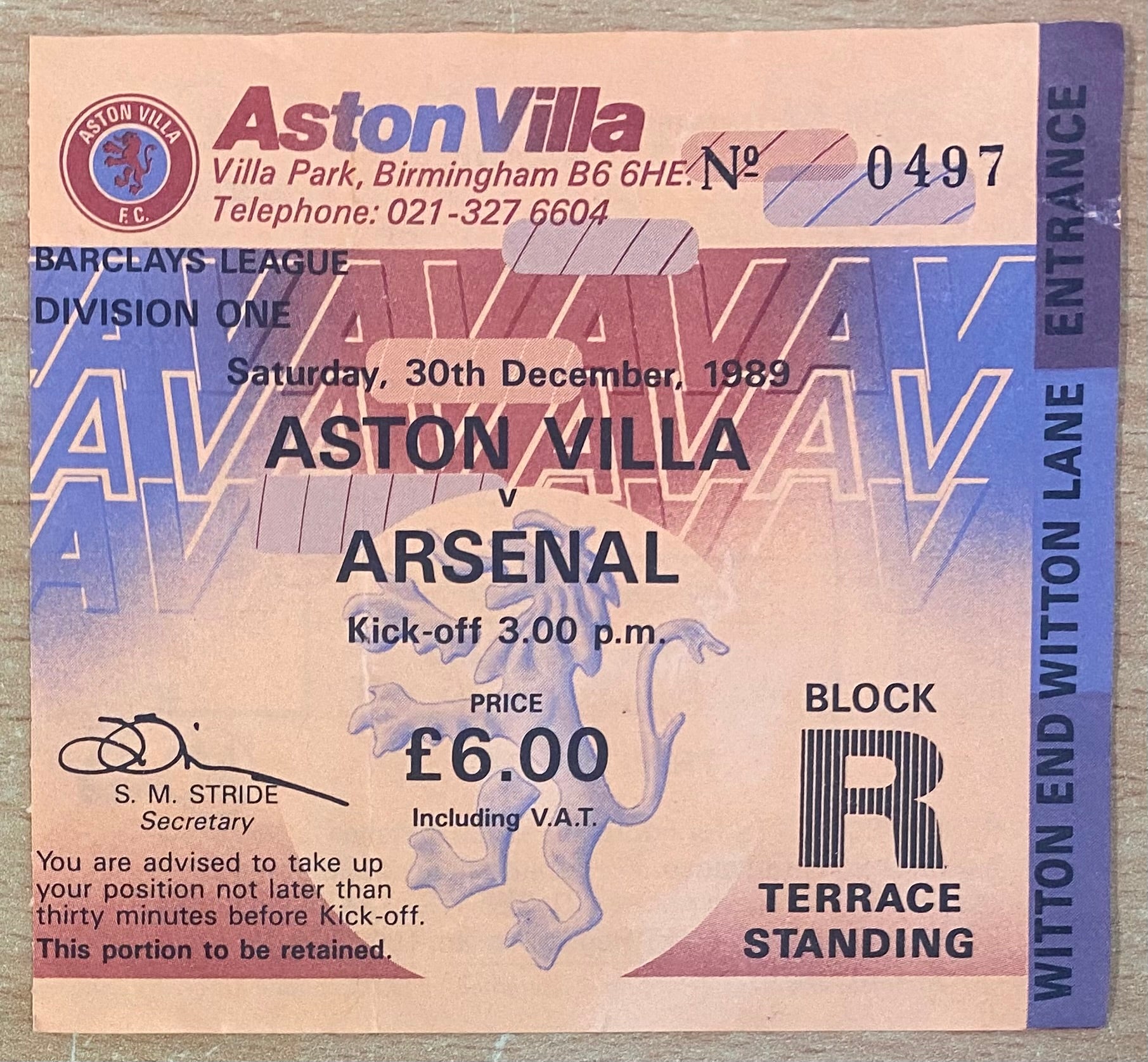 1989/90 ORIGINAL DIVISION ONE TICKET ASTON VILLA V ARSENAL