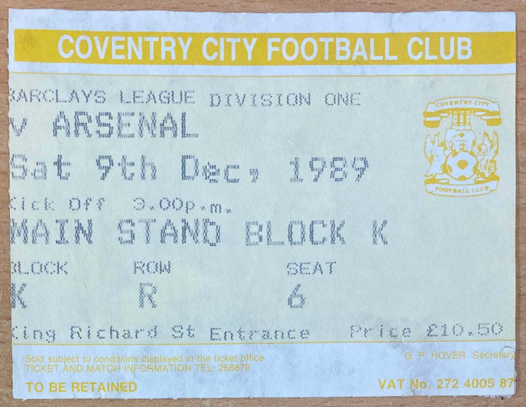 1989/90 ORIGINAL DIVISION ONE TICKET COVENTRY CITY V ARSENAL
