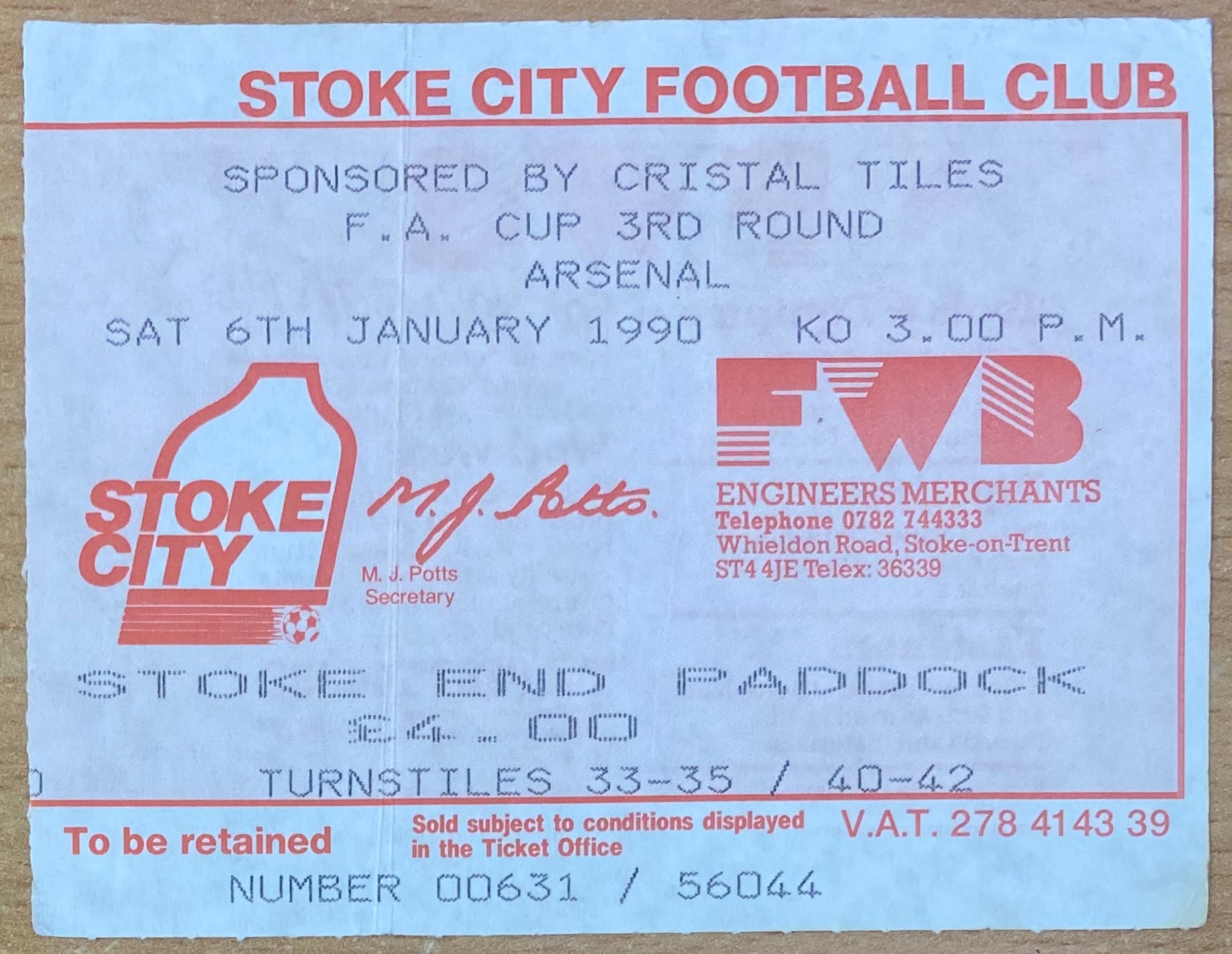 1989/90 ORIGINAL FA CUP 3RD ROUND TICKET STOKE CITY V ARSENAL