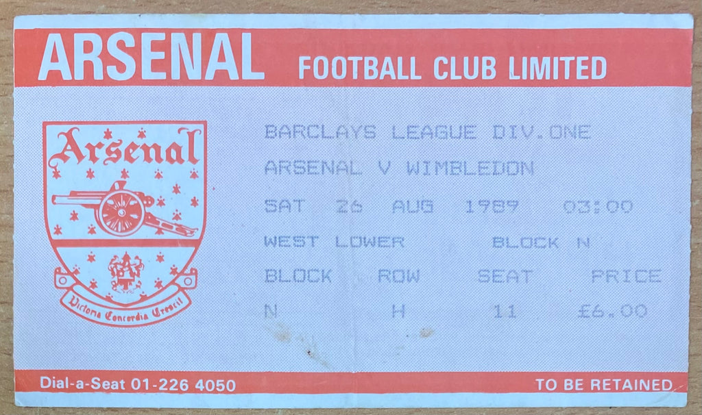 1989/90 ORIGINAL DIVISION ONE TICKET ARSENAL V WIMBLEDON