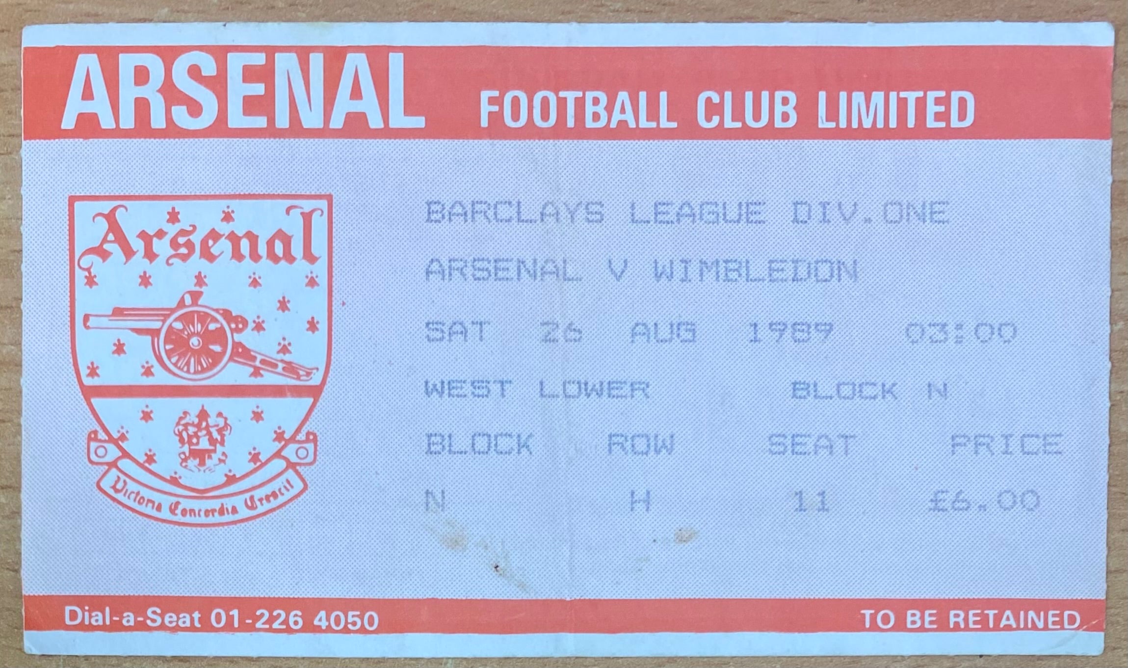 1989/90 ORIGINAL DIVISION ONE TICKET ARSENAL V WIMBLEDON