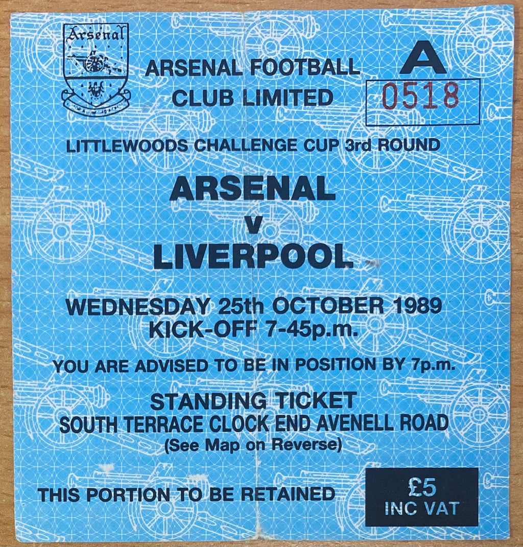 1988/89 ORIGINAL LITTLEWOODS CUP 3RD ROUND TICKET ARSENAL V LIVERPOOL