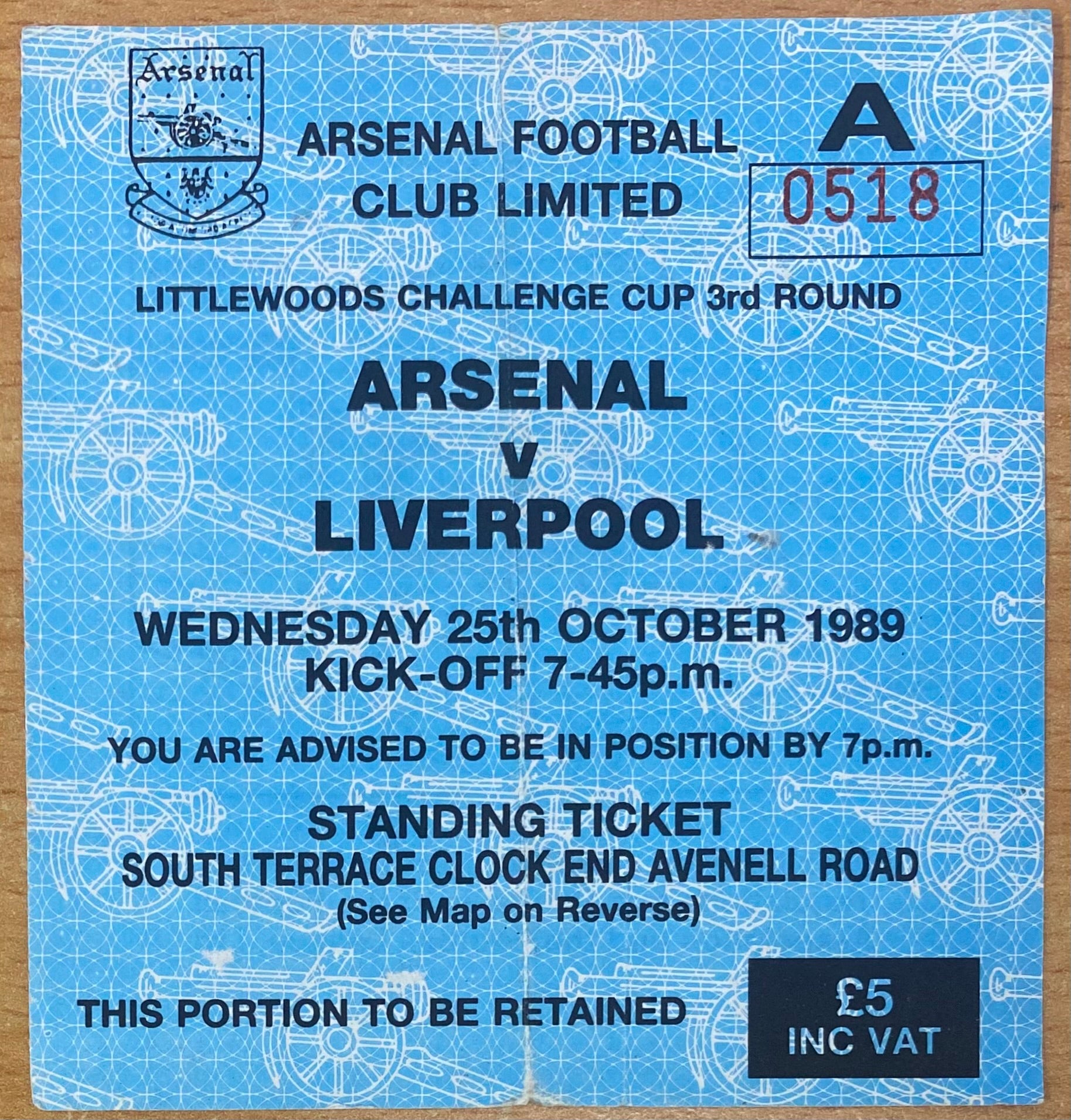 1988/89 ORIGINAL LITTLEWOODS CUP 3RD ROUND TICKET ARSENAL V LIVERPOOL