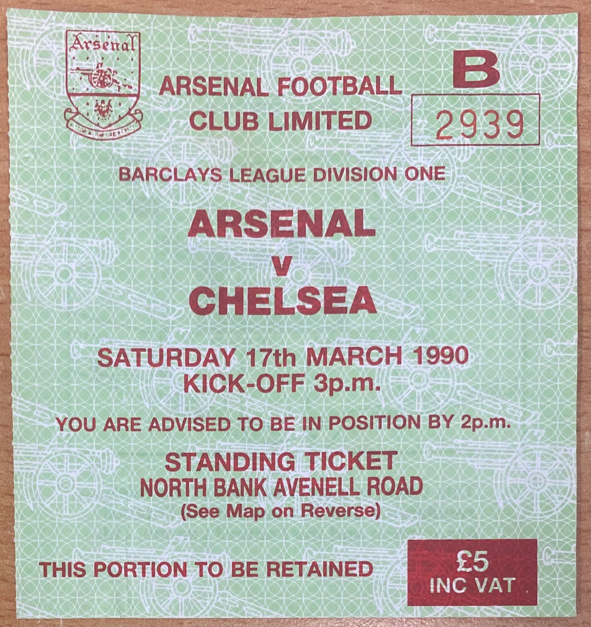 1989/90 ORIGINAL DIVISION ONE TICKET ARSENAL V CHELSEA