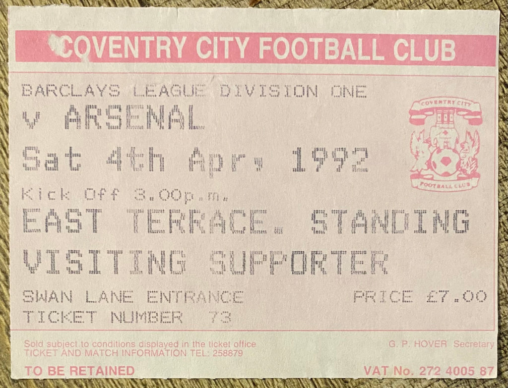 1991/92 ORIGINAL DIVISION ONE TICKET COVENTRY CITY V ARSENAL