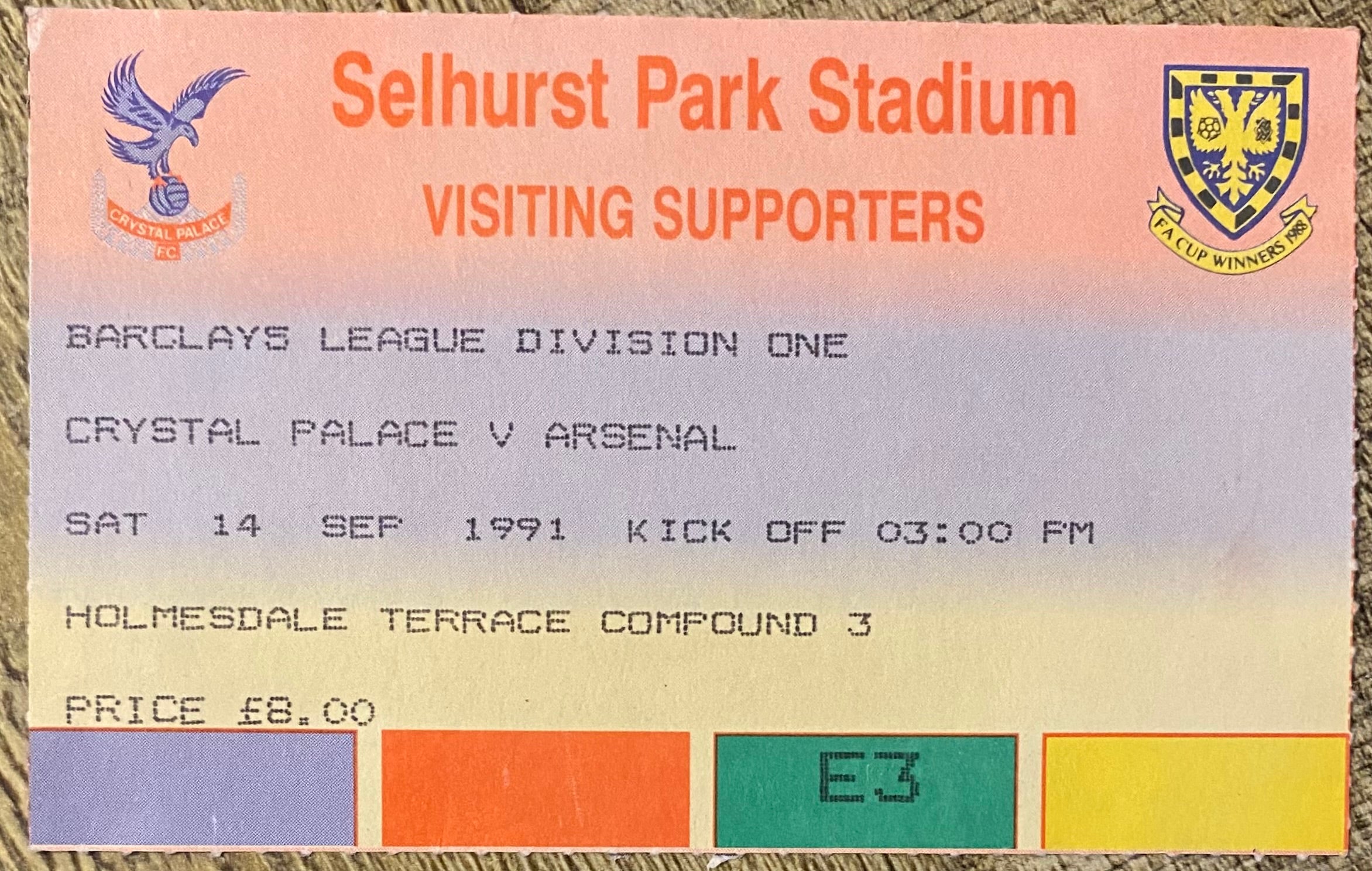 1991/92 ORIGINAL DIVISION ONE TICKET CRYSTAL PALACE V ARSENAL
