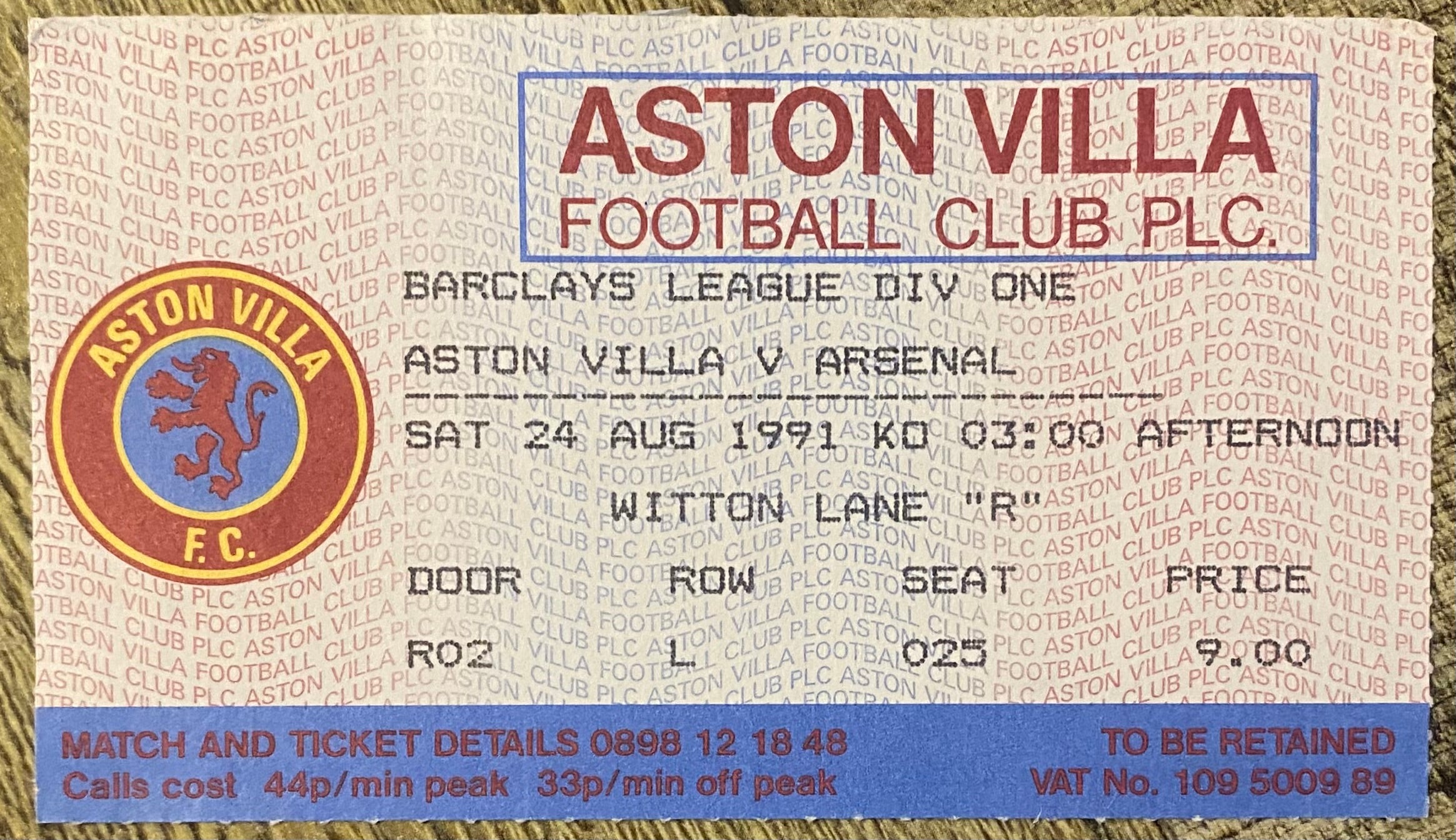 1991/92 ORIGINAL DIVISION ONE TICKET ASTON VILLA V ARSENAL