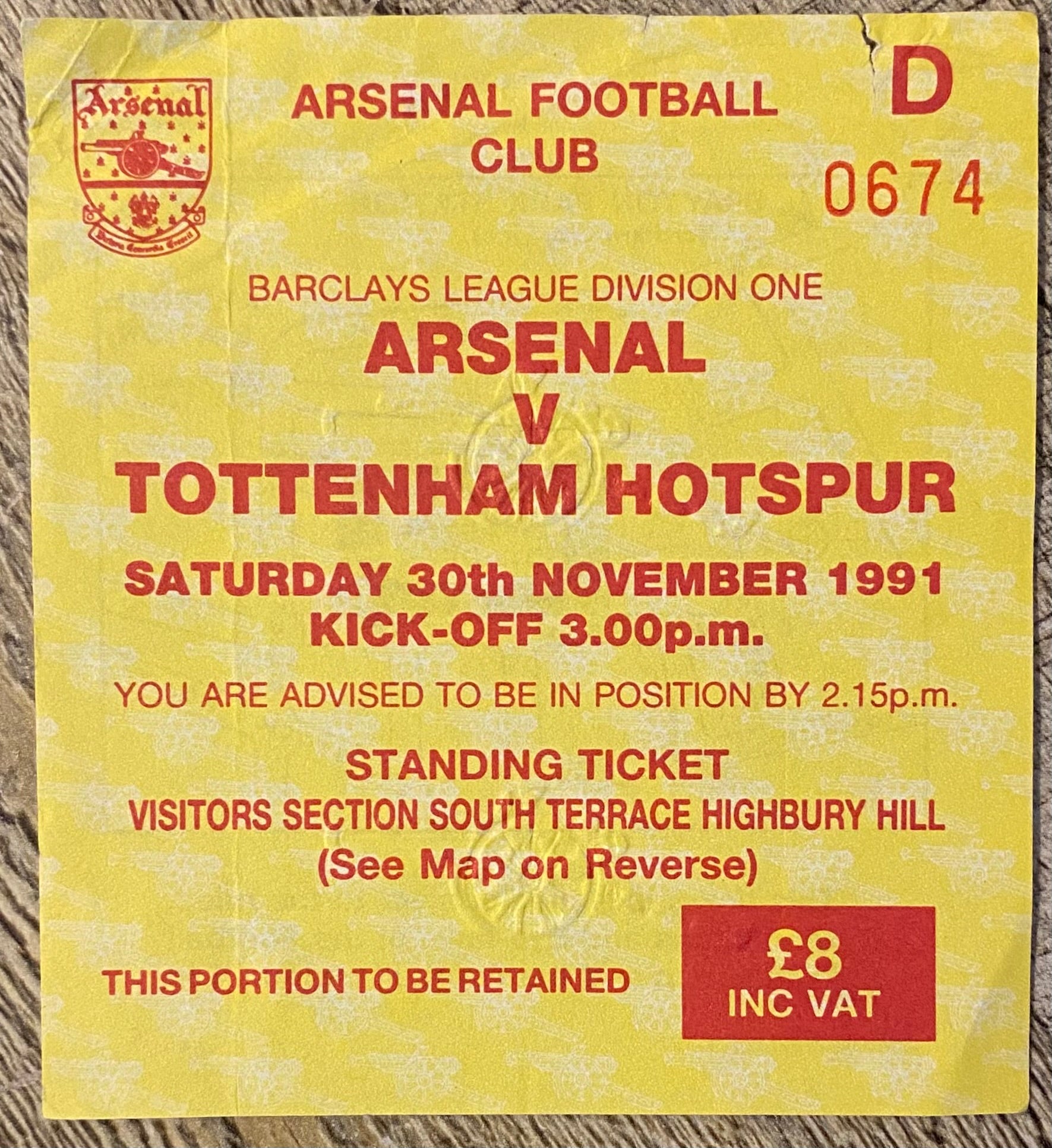 1991/92 ORIGINAL DIVISION ONE TICKET ARSENAL V TOTTENHAM HOTSPUR