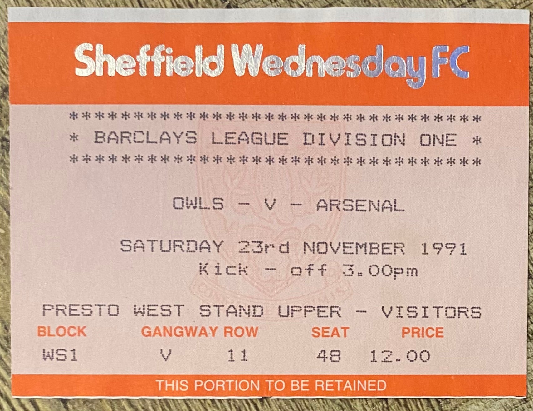 1991/92 ORIGINAL DIVISION ONE TICKET SHEFFIELD WEDNESDAY V ARSENAL