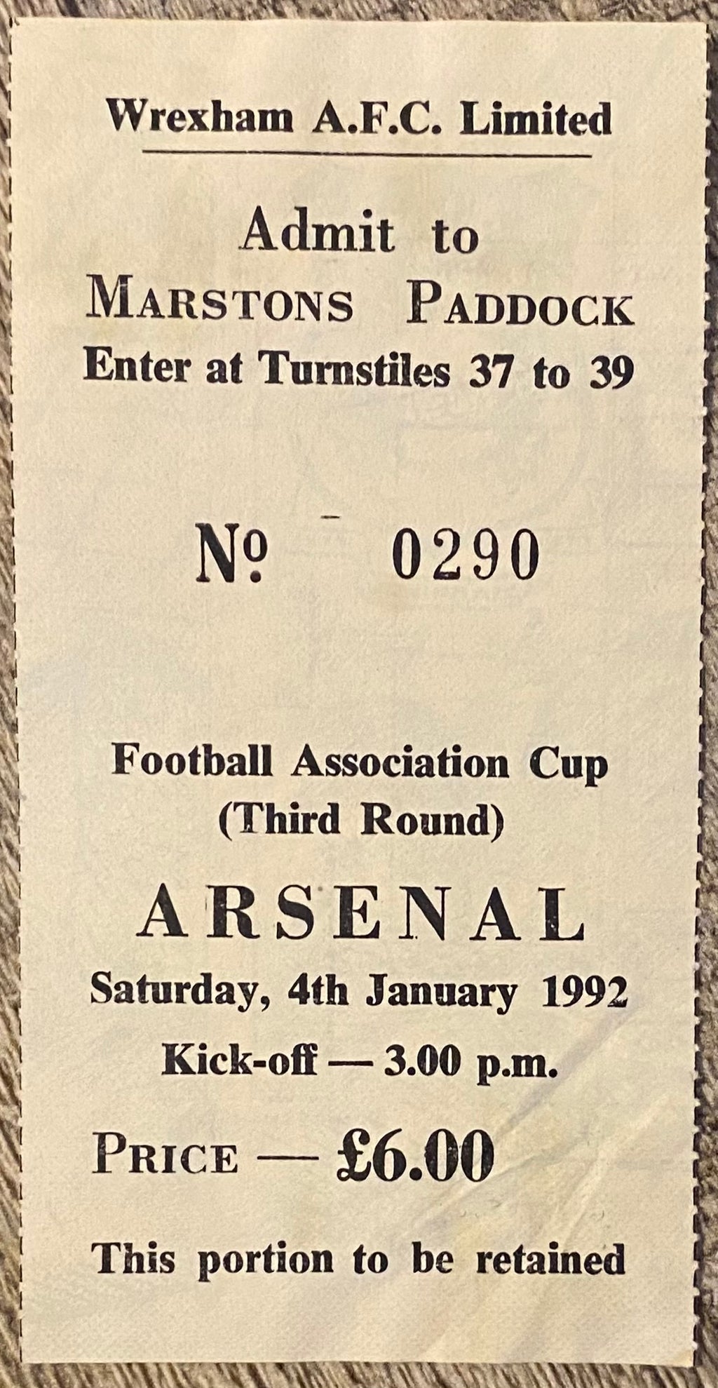 1991/92 ORIGINAL FA CUP 3RD ROUND TICKET WREXHAM V ARSENAL