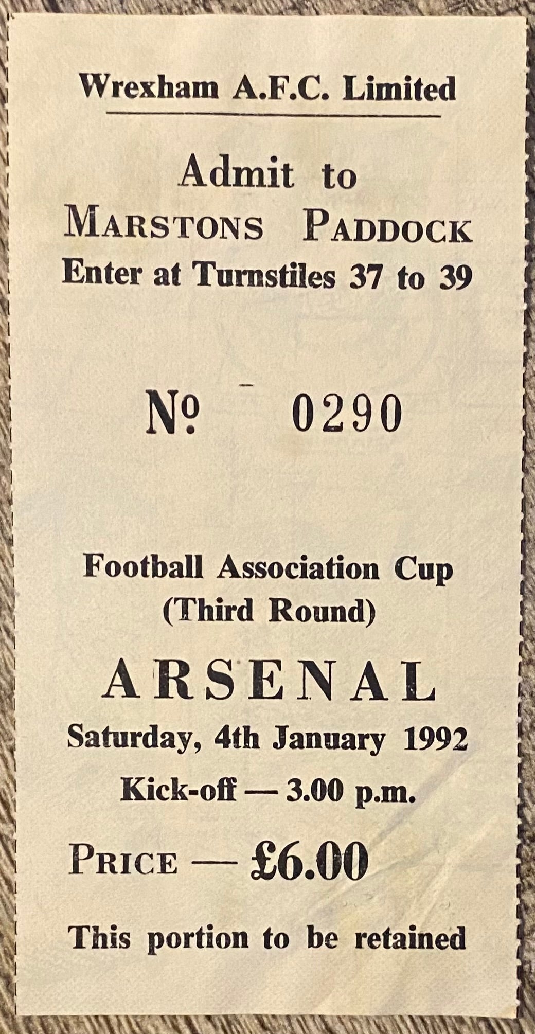 1991/92 ORIGINAL FA CUP 3RD ROUND TICKET WREXHAM V ARSENAL