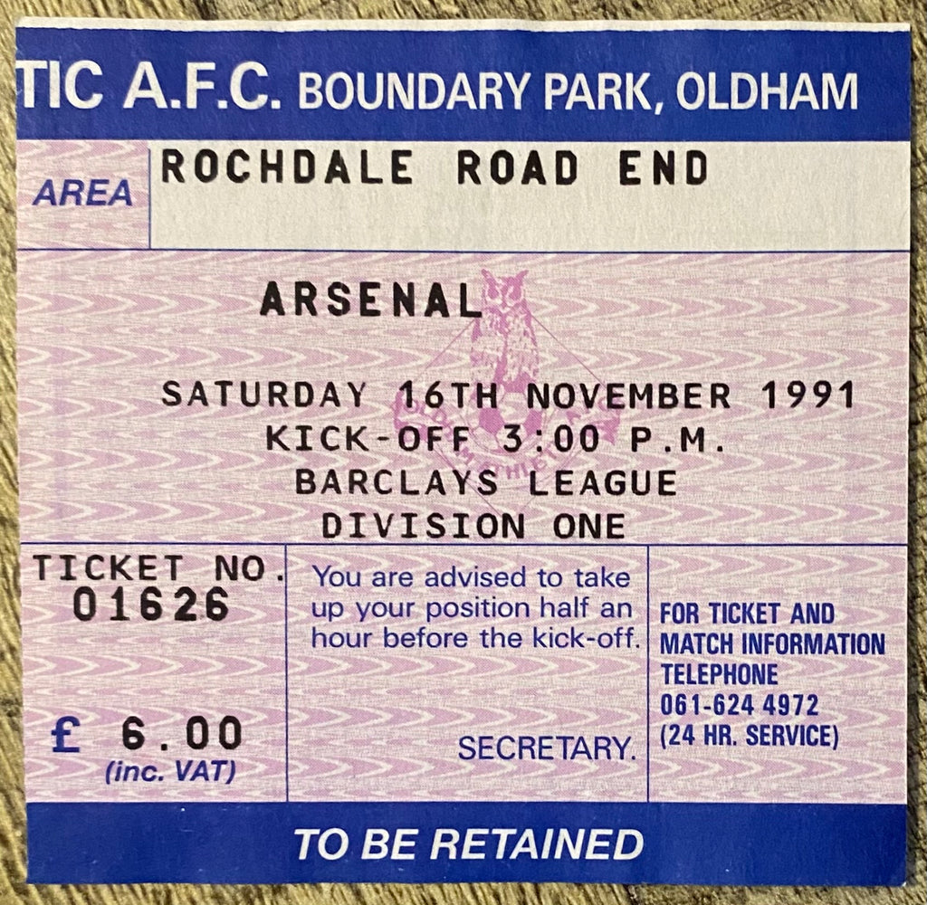 1991/92 ORIGINAL DIVISION ONE TICKET OLDHAM ATHLETIC V ARSENAL
