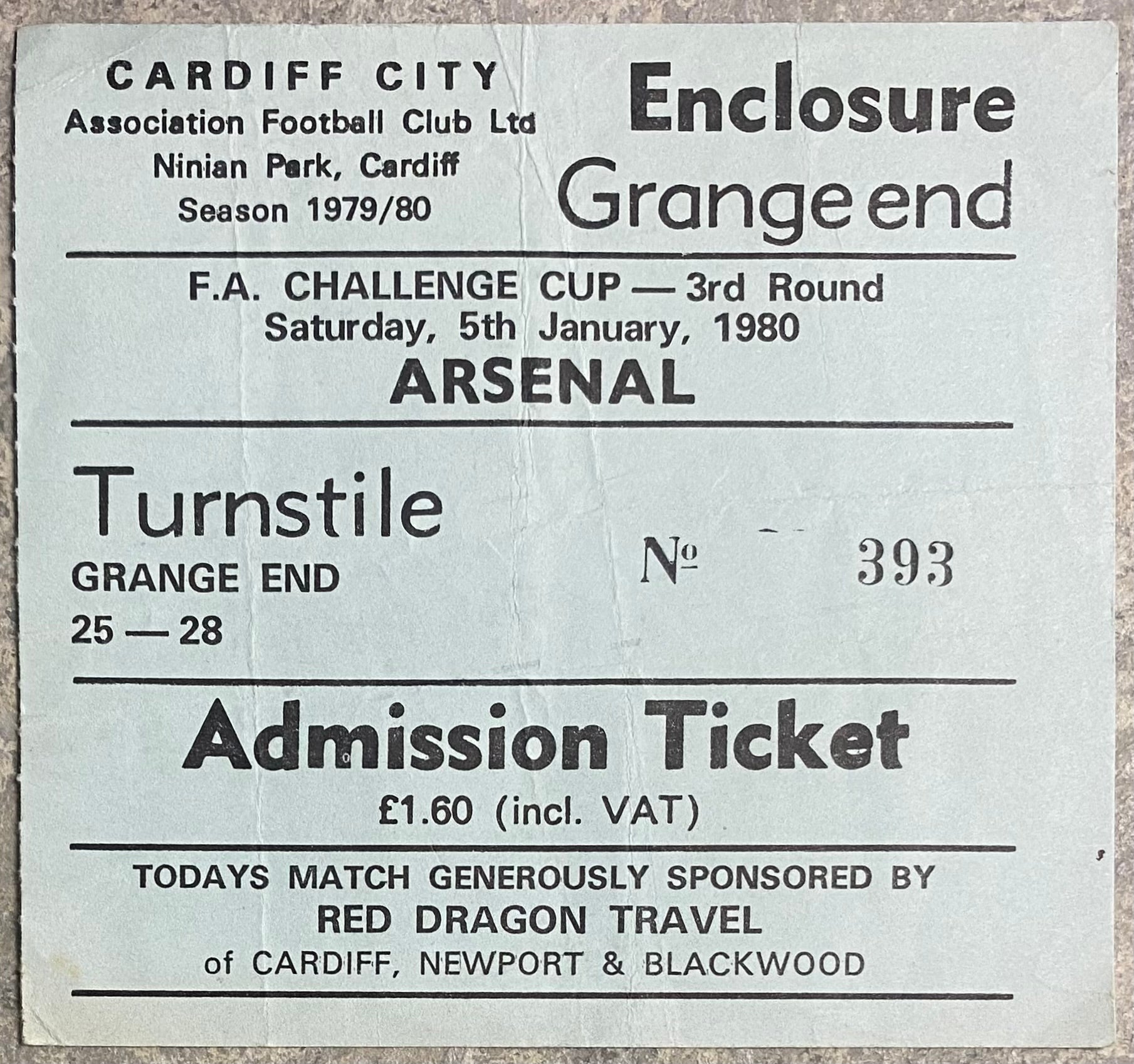 1979/80 ORIGINAL FA CUP 3RD ROUND TICKET CARDIFF CITY V ARSENAL