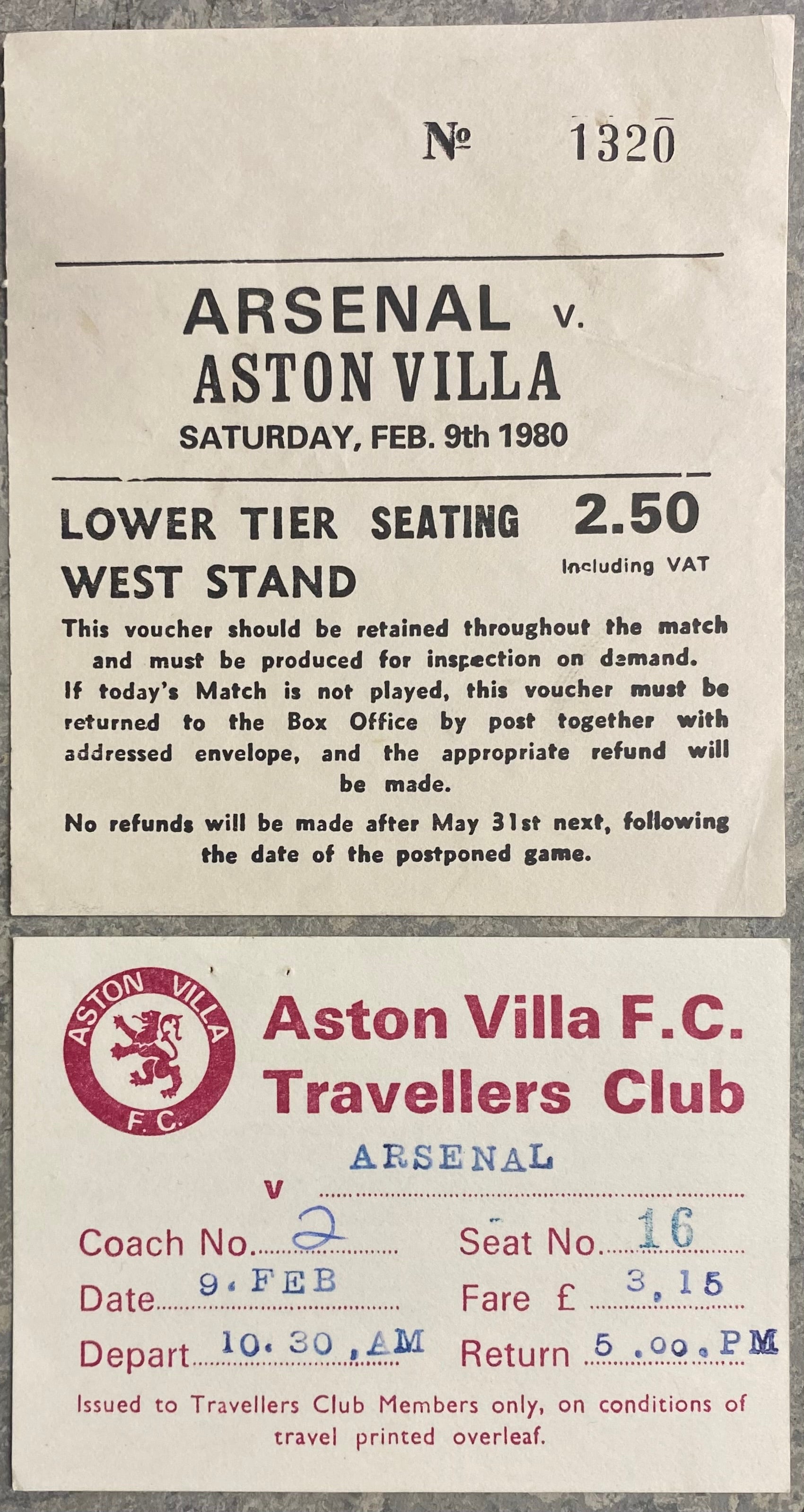 1979/80 ORIGINAL DIVISION ONE TICKET ARSENAL V ASTON VILLA + COACH TICKET