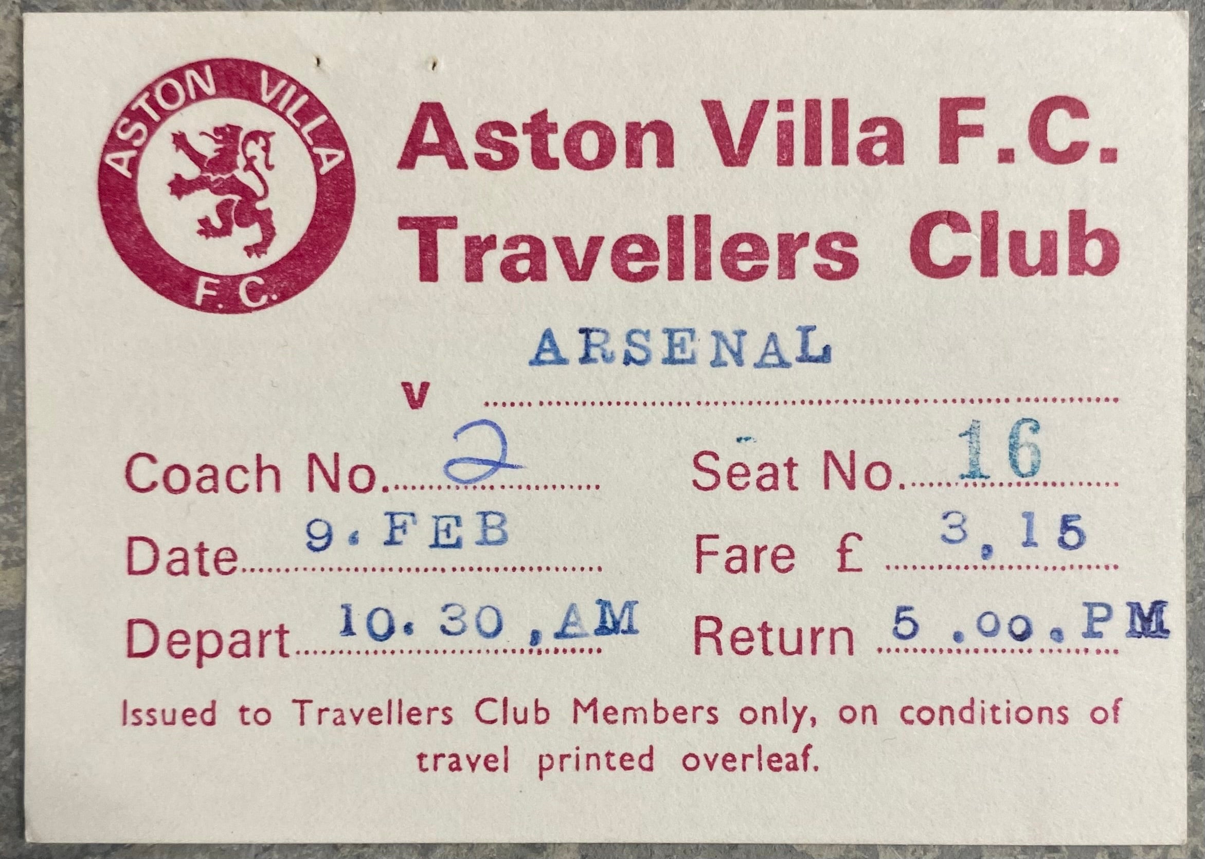1979/80 ORIGINAL DIVISION ONE TICKET ARSENAL V ASTON VILLA + COACH TICKET