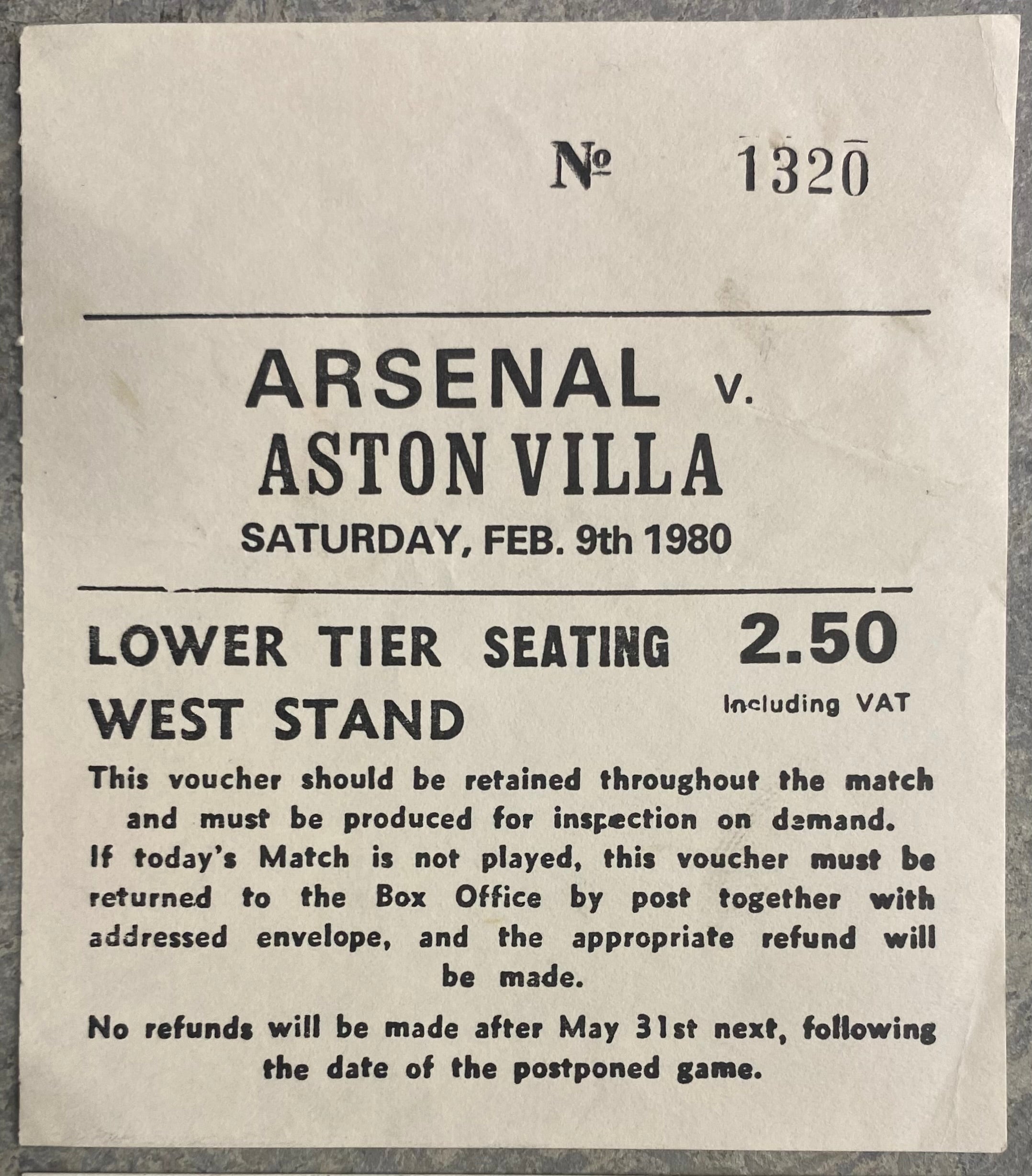 1979/80 ORIGINAL DIVISION ONE TICKET ARSENAL V ASTON VILLA + COACH TICKET
