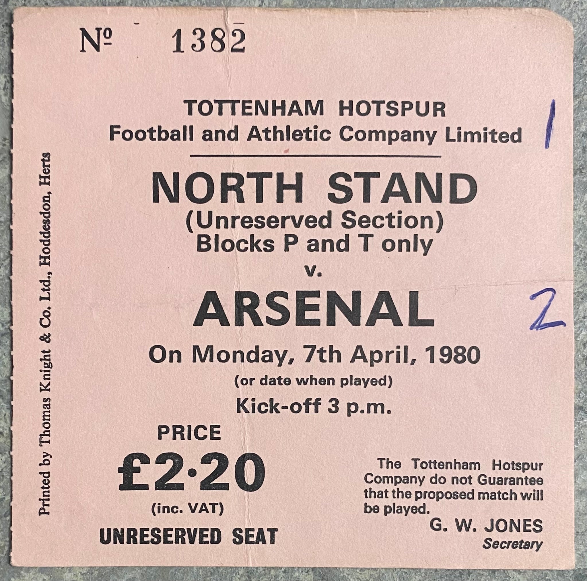 1979/80 ORIGINAL DIVISION ONE TICKET TOTTENHAM HOTSPUR V ARSENAL