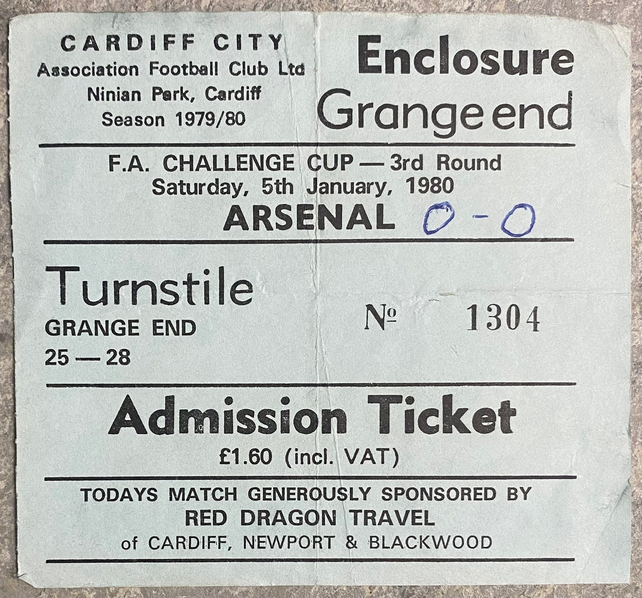 1979/80 ORIGINAL FA CUP 3RD ROUND TICKET CARDIFF CITY V ARSENAL