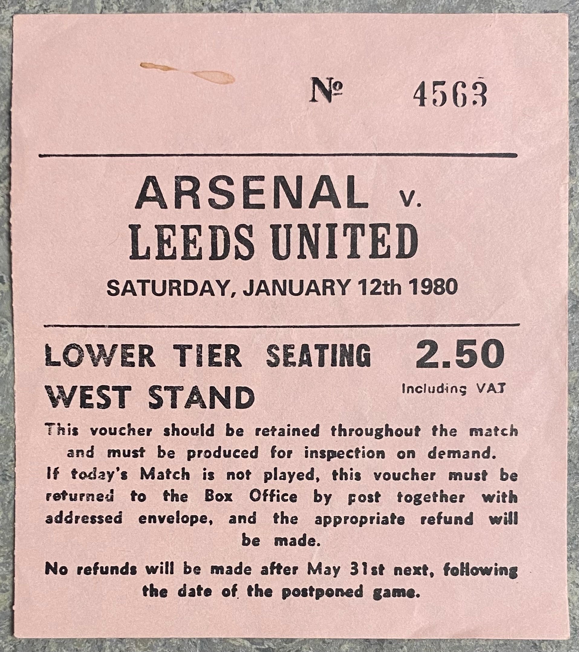 1979/80 ORIGINAL DIVISION ONE TICKET ARSENAL V LEEDS UNITED