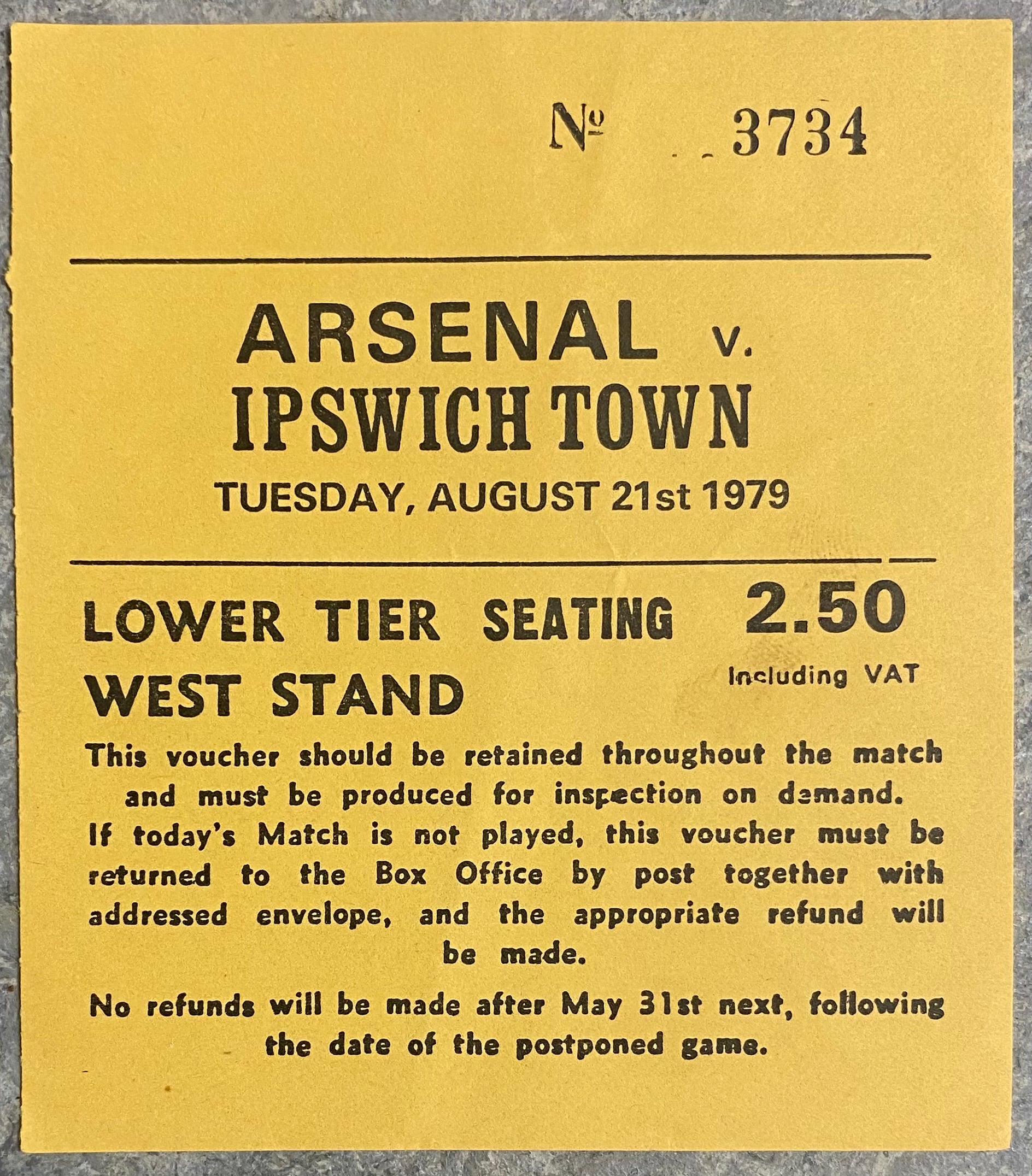 1979/80 ORIGINAL DIVISION ONE TICKET ARSENAL V IPSWICH TOWN