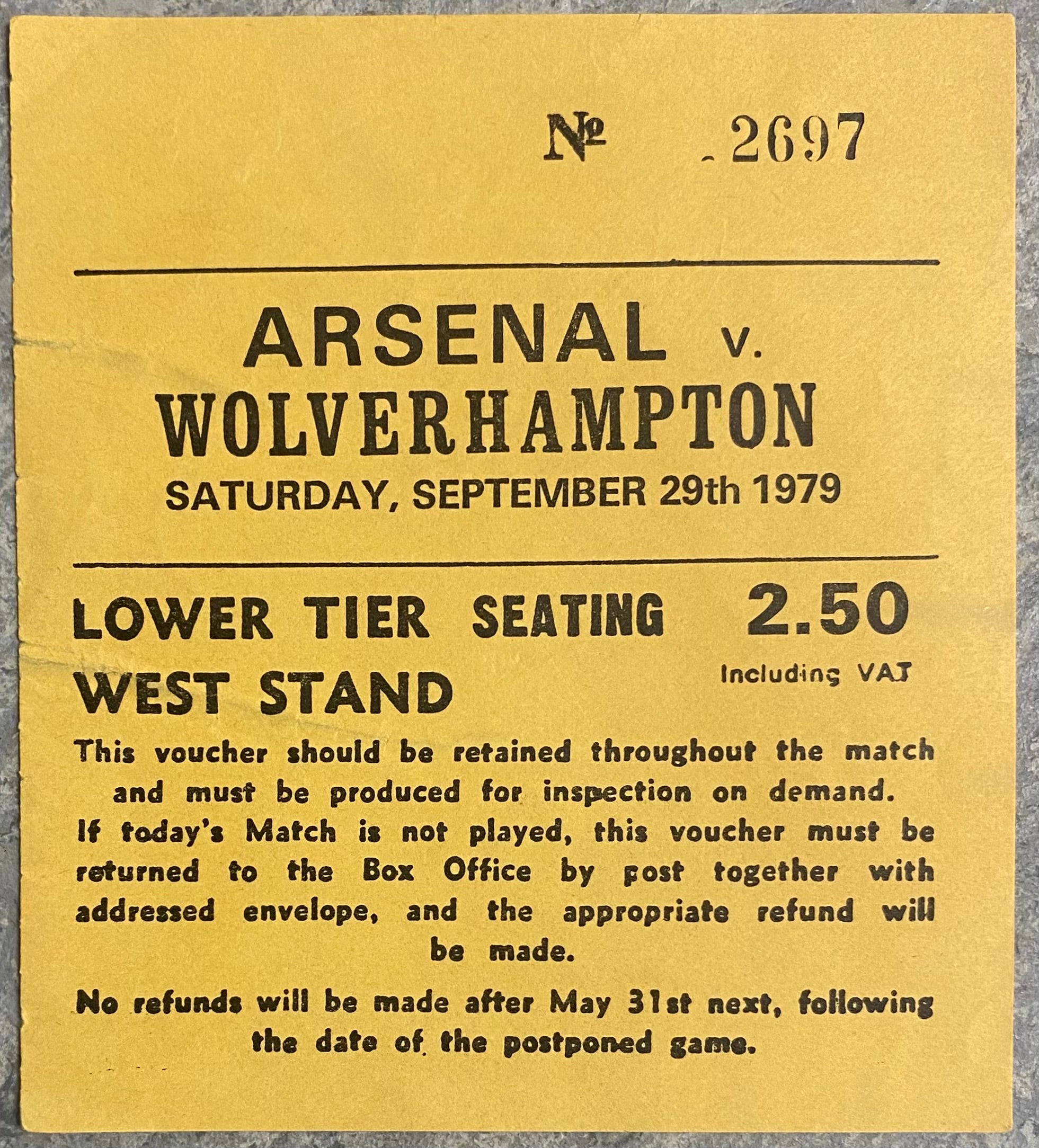 1979/80 ORIGINAL DIVISION ONE TICKET ARSENAL V WOLVERHAMPTON WANDERERS