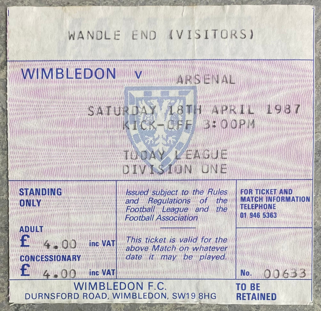 1986/87 ORIGINAL DIVISION ONE TICKET WIMBLEDON V  ARSENAL