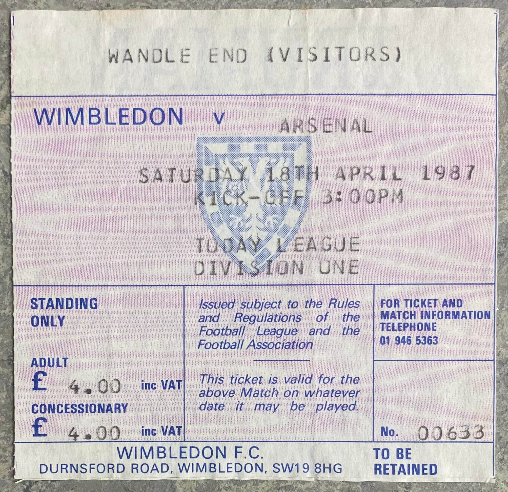 1986/87 ORIGINAL DIVISION ONE TICKET WIMBLEDON V  ARSENAL