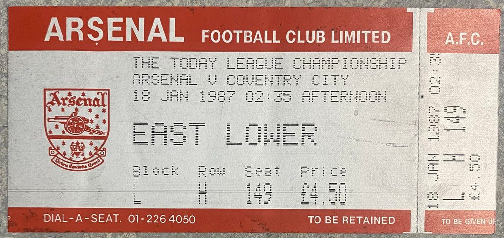 1986/87 ORIGINAL DIVISION ONE UNUSED TICKET ARSENAL V COVENTRY CITY