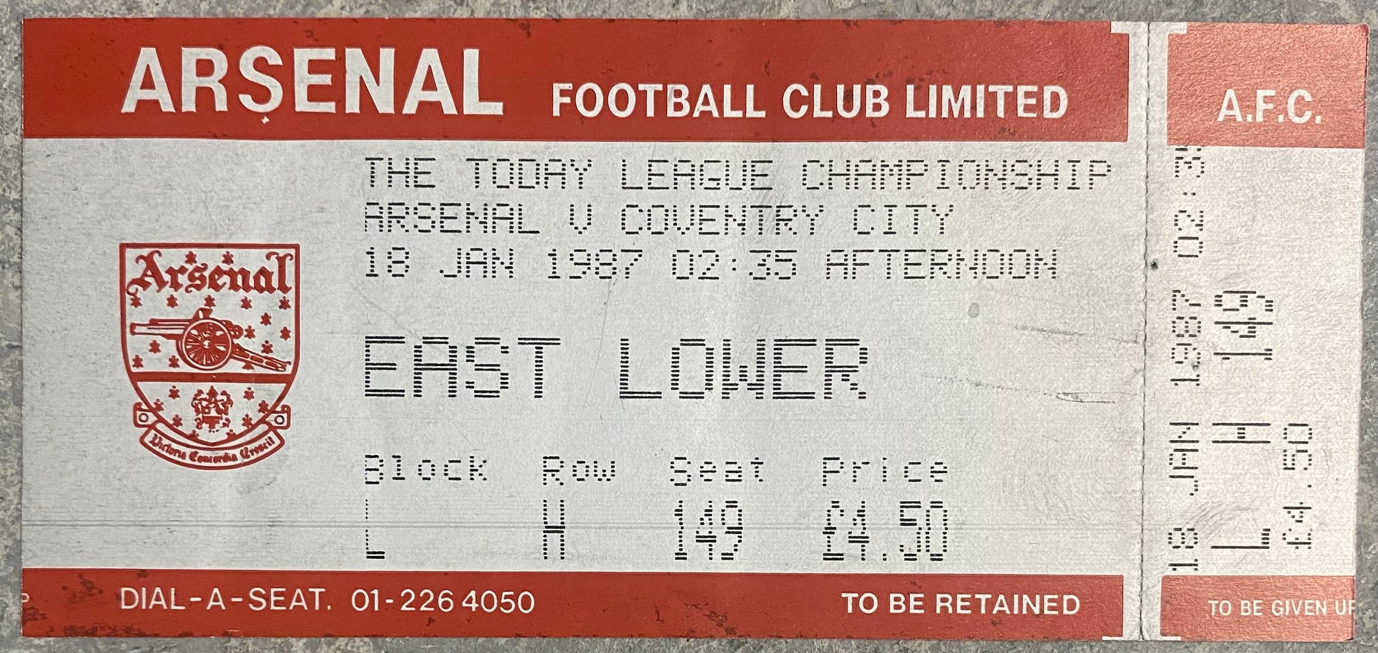 1986/87 ORIGINAL DIVISION ONE UNUSED TICKET ARSENAL V COVENTRY CITY