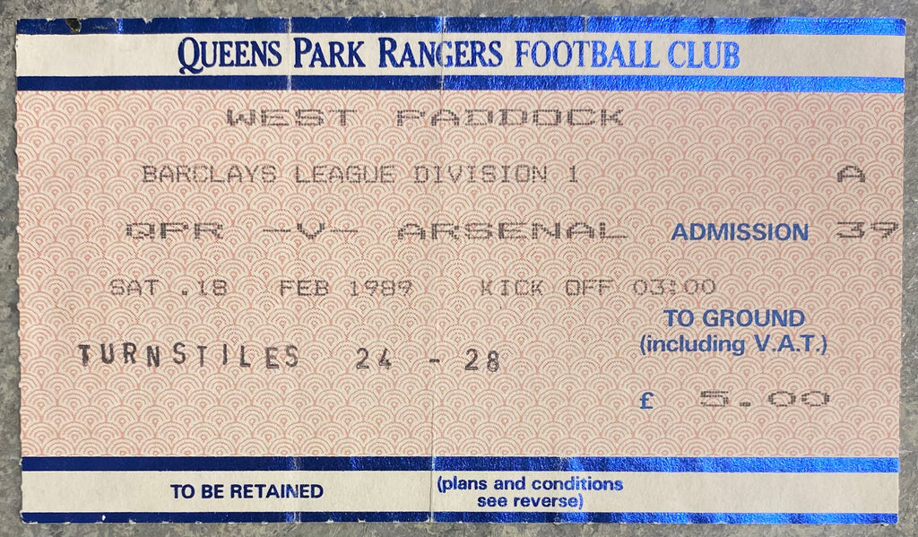 1988/89 ORIGINAL DIVISION ONE TICKET QUEENS PARK RANGERS V ARSENAL